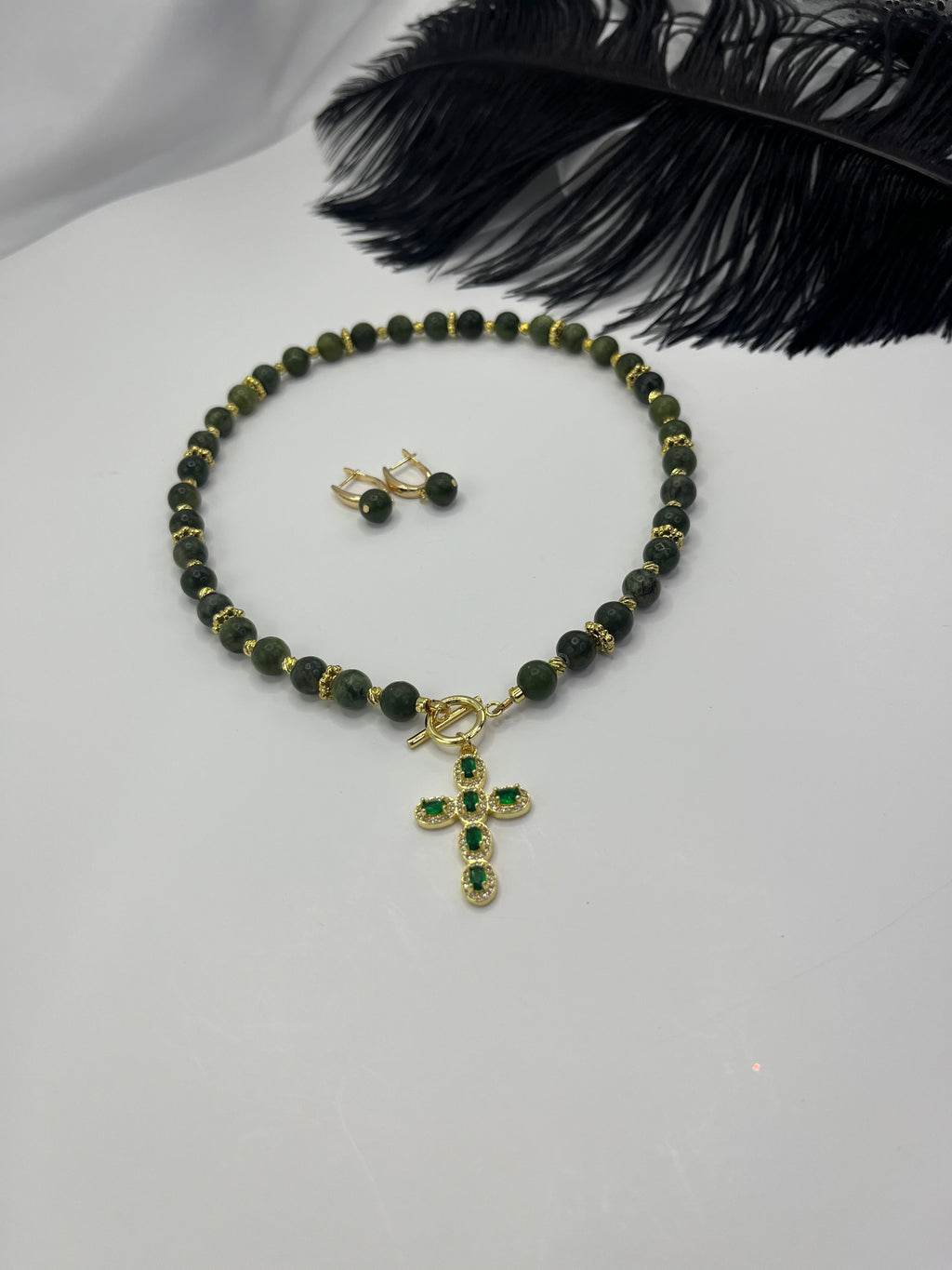Set: Natural Taiwan Jade Necklace with Zirconia Cross 18K Gold plated