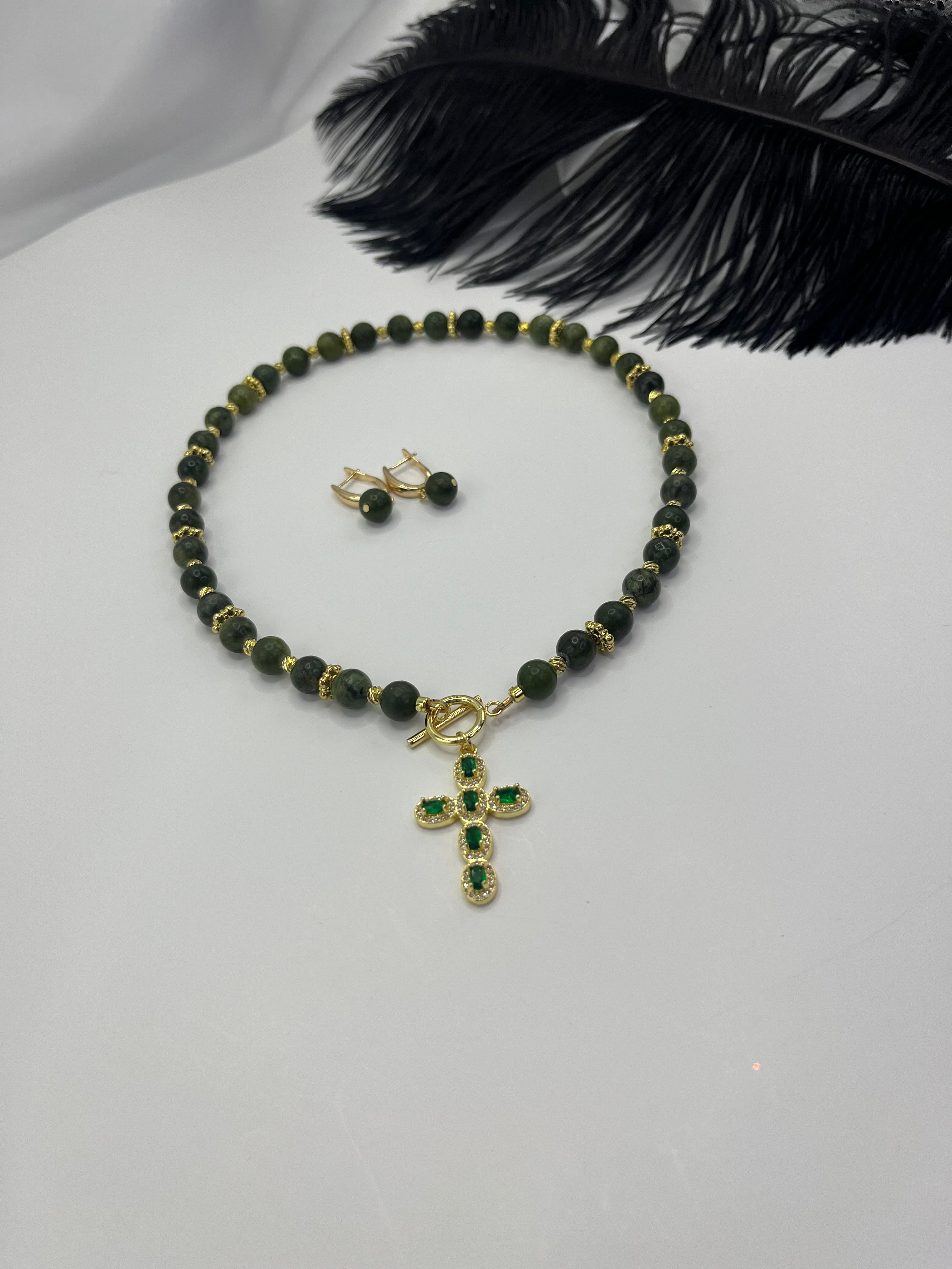 Set: Natural Taiwan Jade Necklace with Zirconia Cross 18K Gold plated