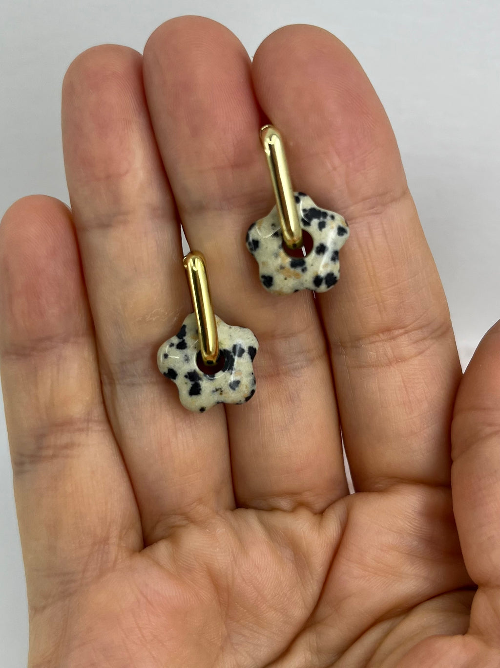 Dalmatian jasper flower Earrings and Necklace, 18K Gold Plated
