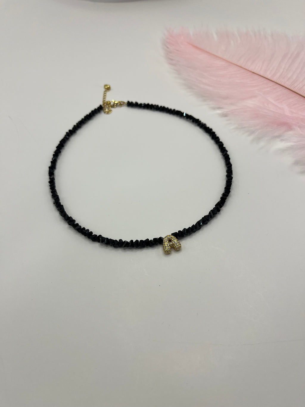 Initial Charm Black Crystal Necklace – 18K Gold Plated, Cubic Zirconia