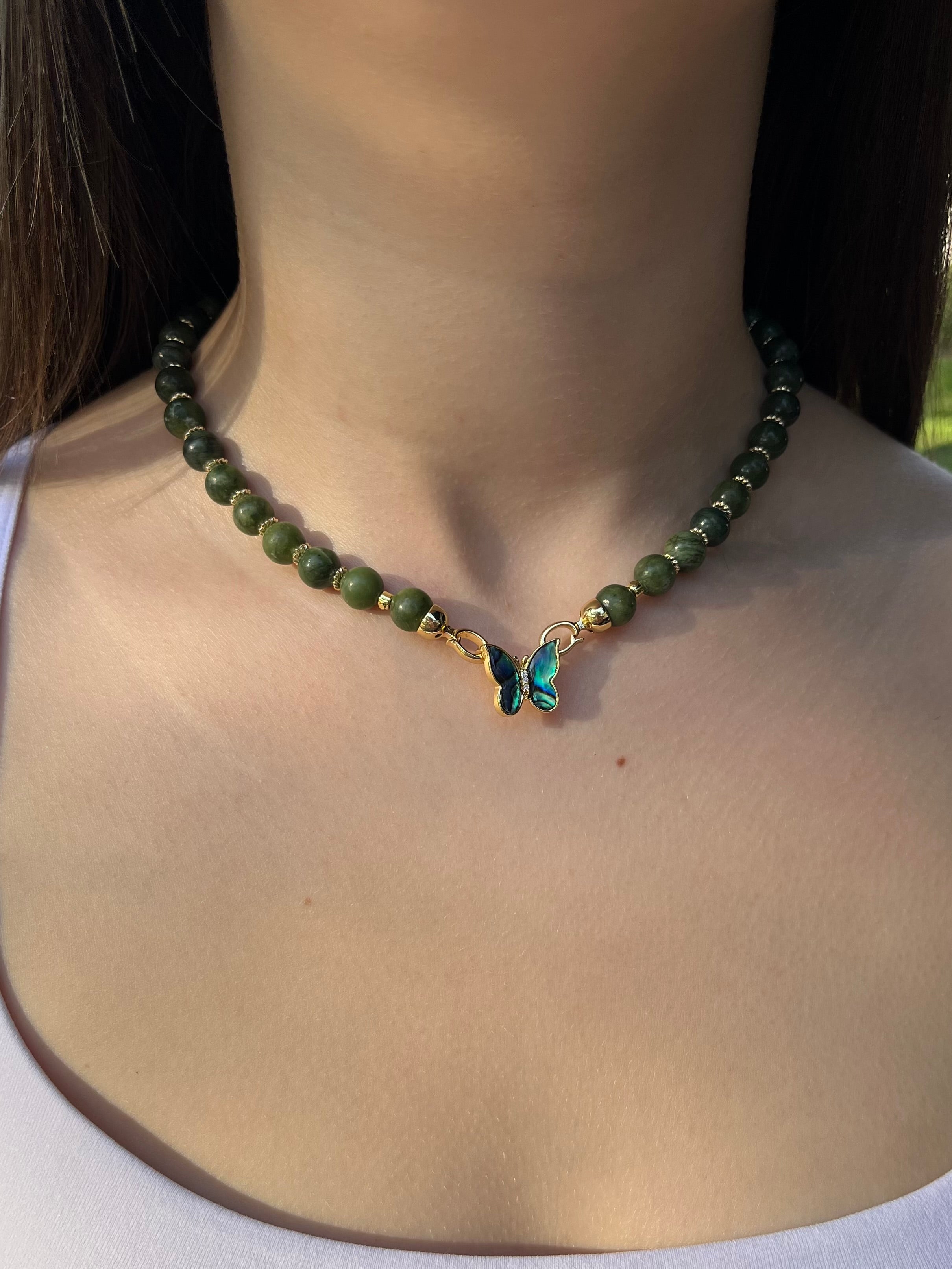 Natural Taiwan Jade Necklace with 18K Gold Butterfly Clasp
