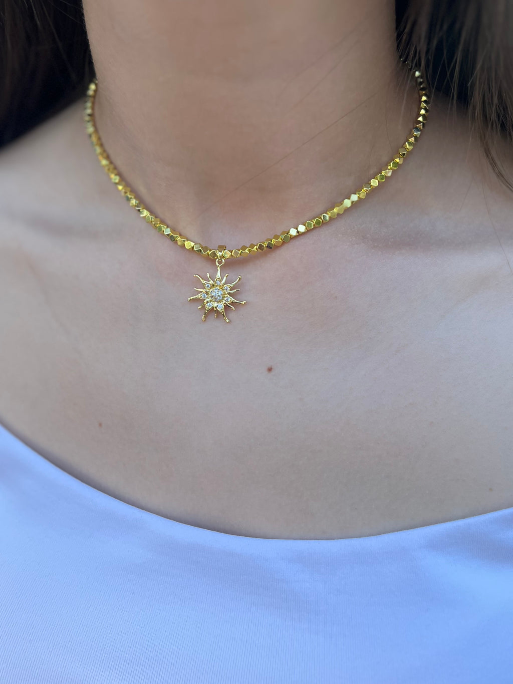Gold Hematite Sun Necklace, 18K Gold Plated pendant