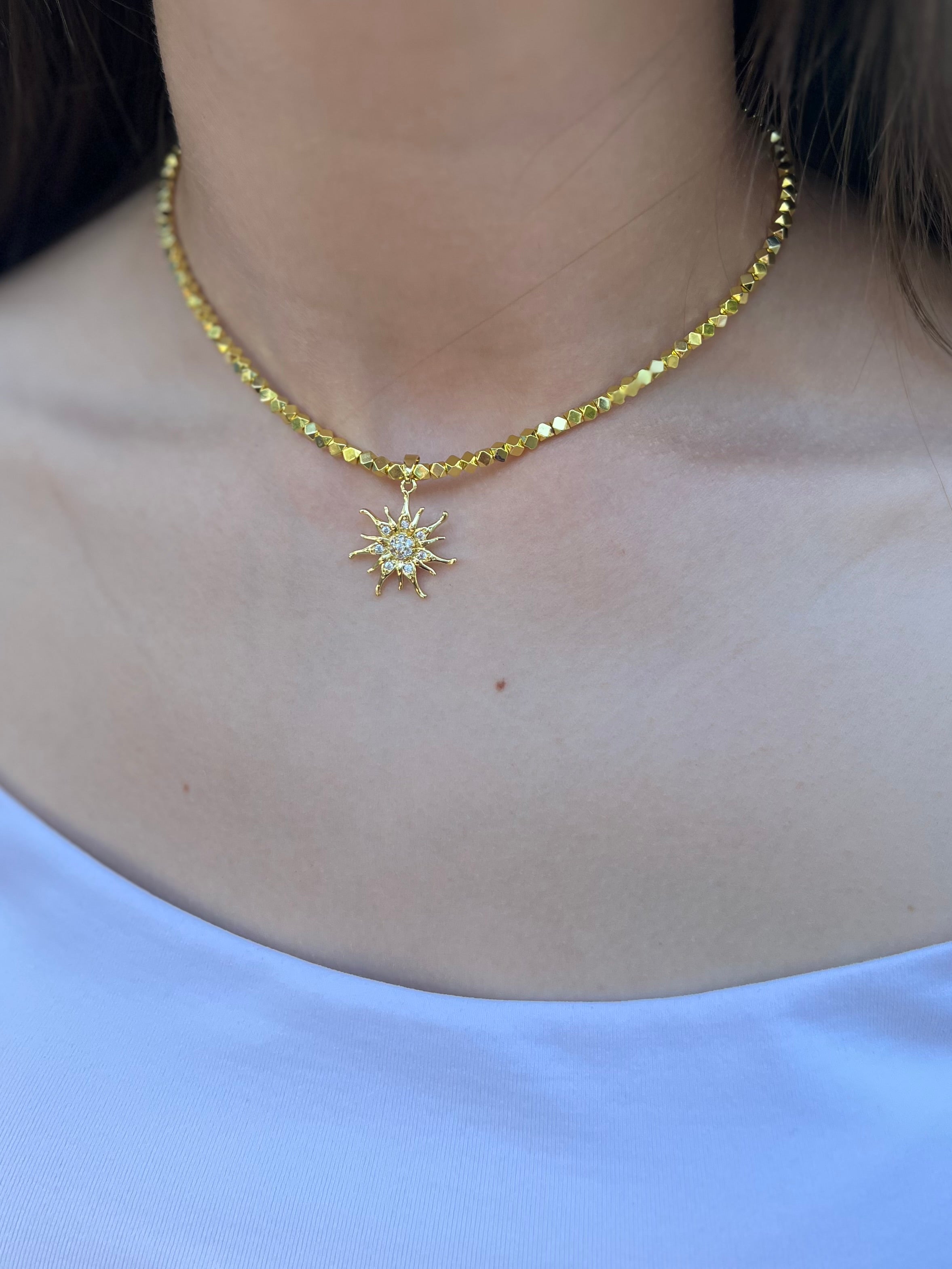 Gold Hematite Sun Necklace, 18K Gold Plated pendant