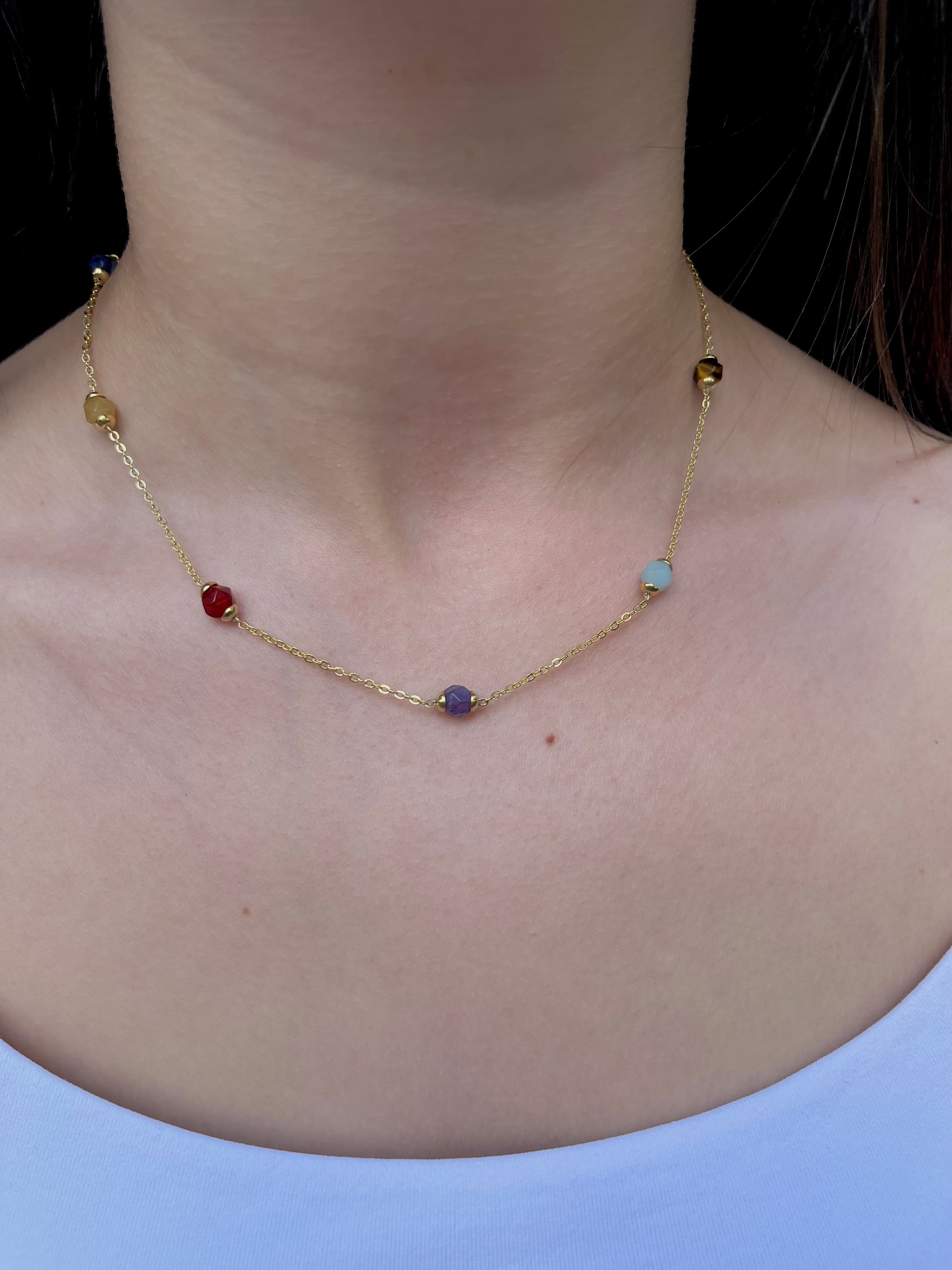 Chakra natural gemstone Necklace: tiger eye, quartz, amethyst, agate, amazonite, sodalite