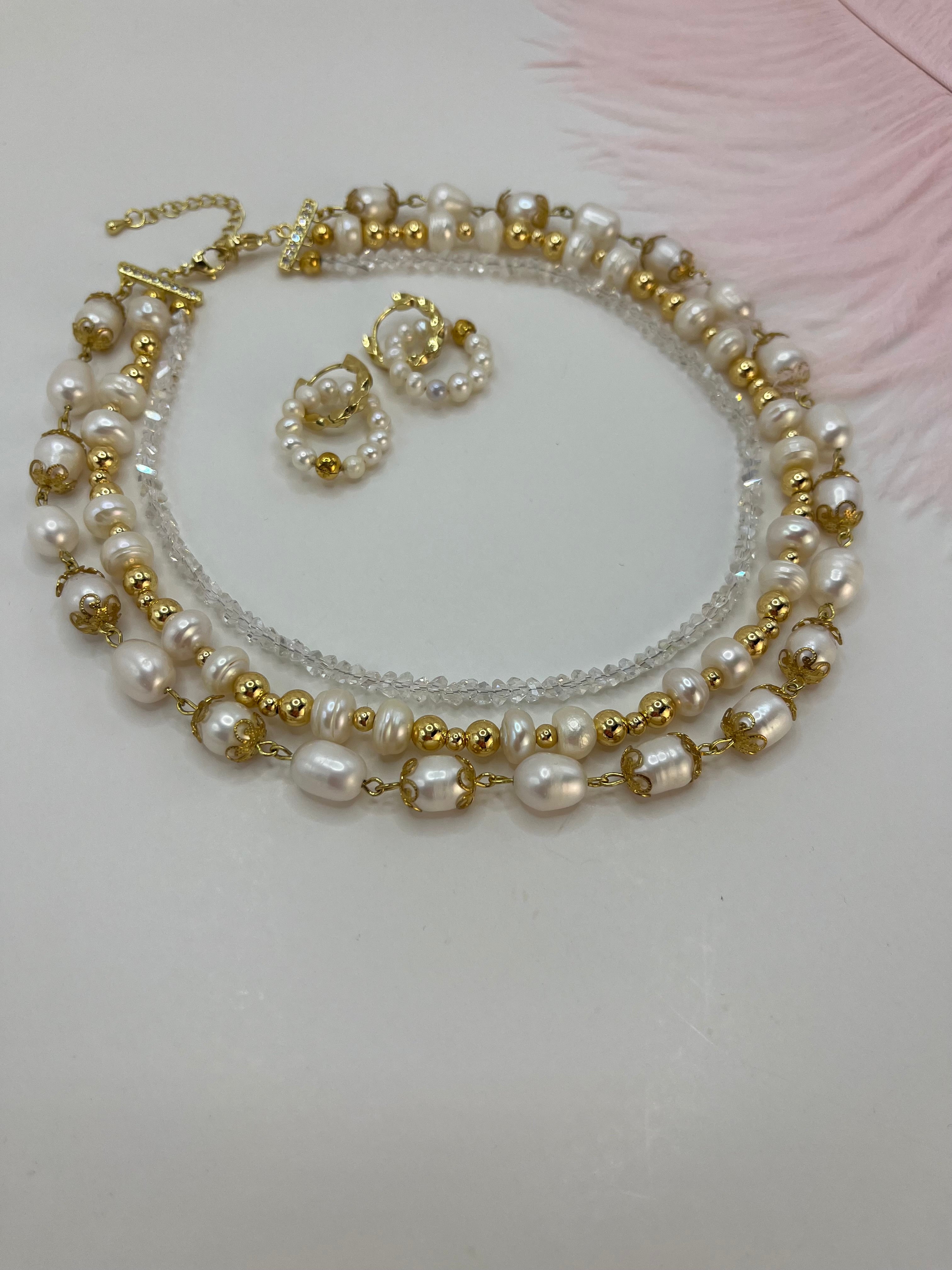 Three-Strand Natural Pearl & Crystal Necklace with Hoop Earrings Set – 18K Gold Plated, Gift Box