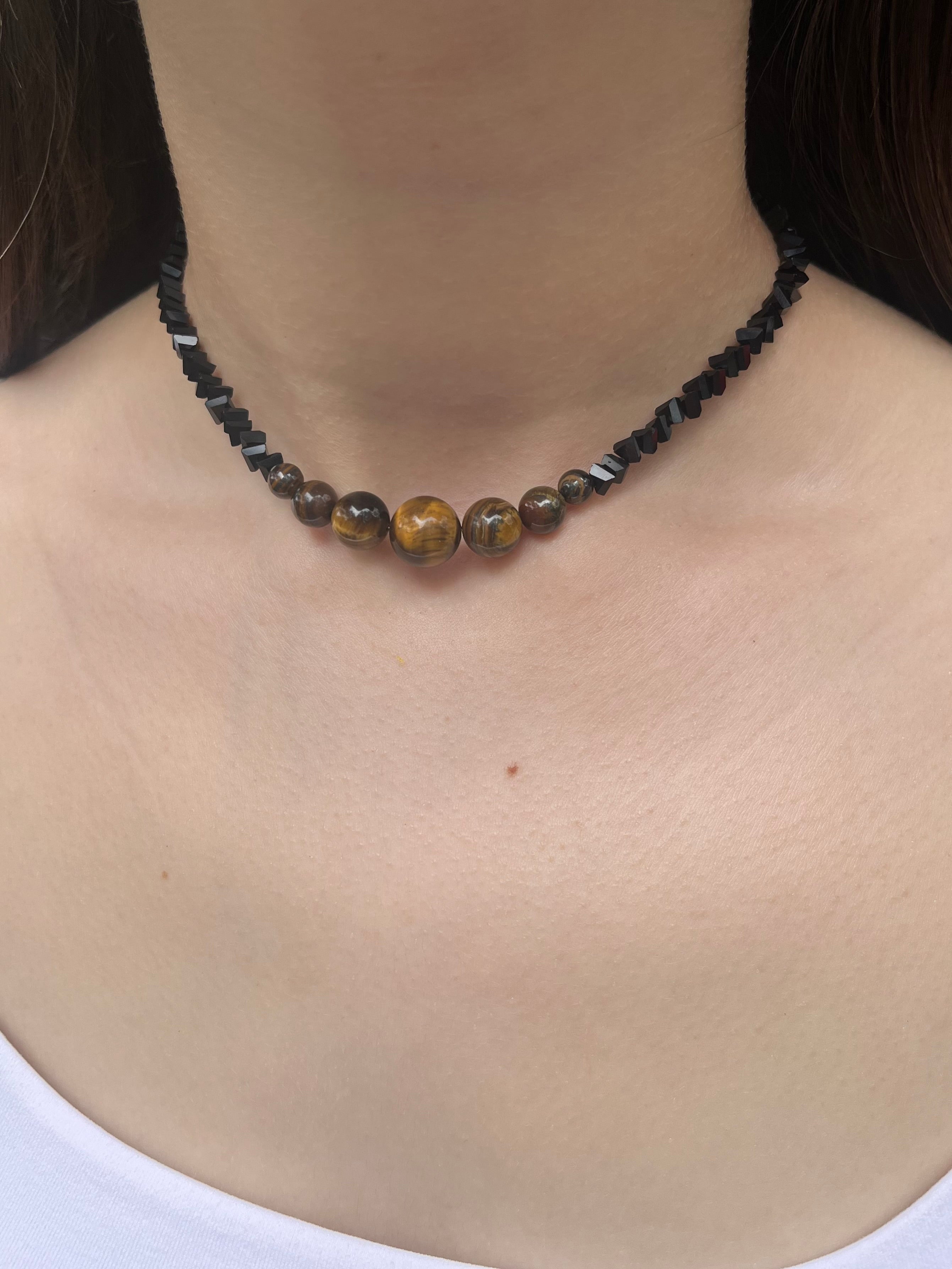 Set: Black Crystal Choker Necklace with Tiger Eye and earrings