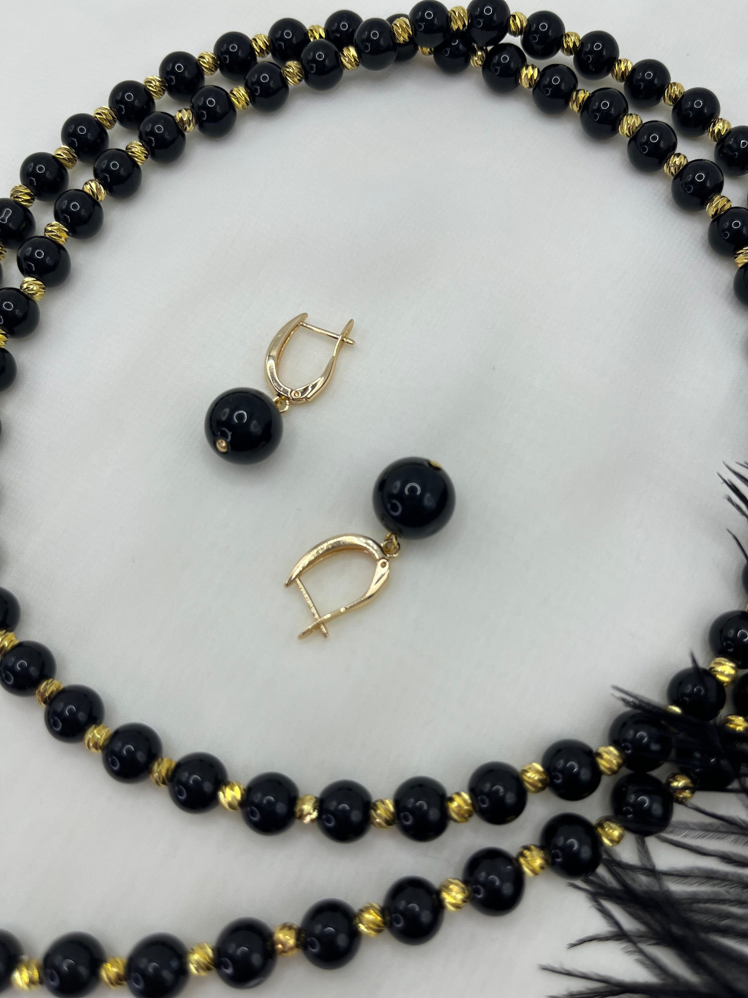 Set: Black Onyx Necklace and Earrings Set: 18K Gold Plated