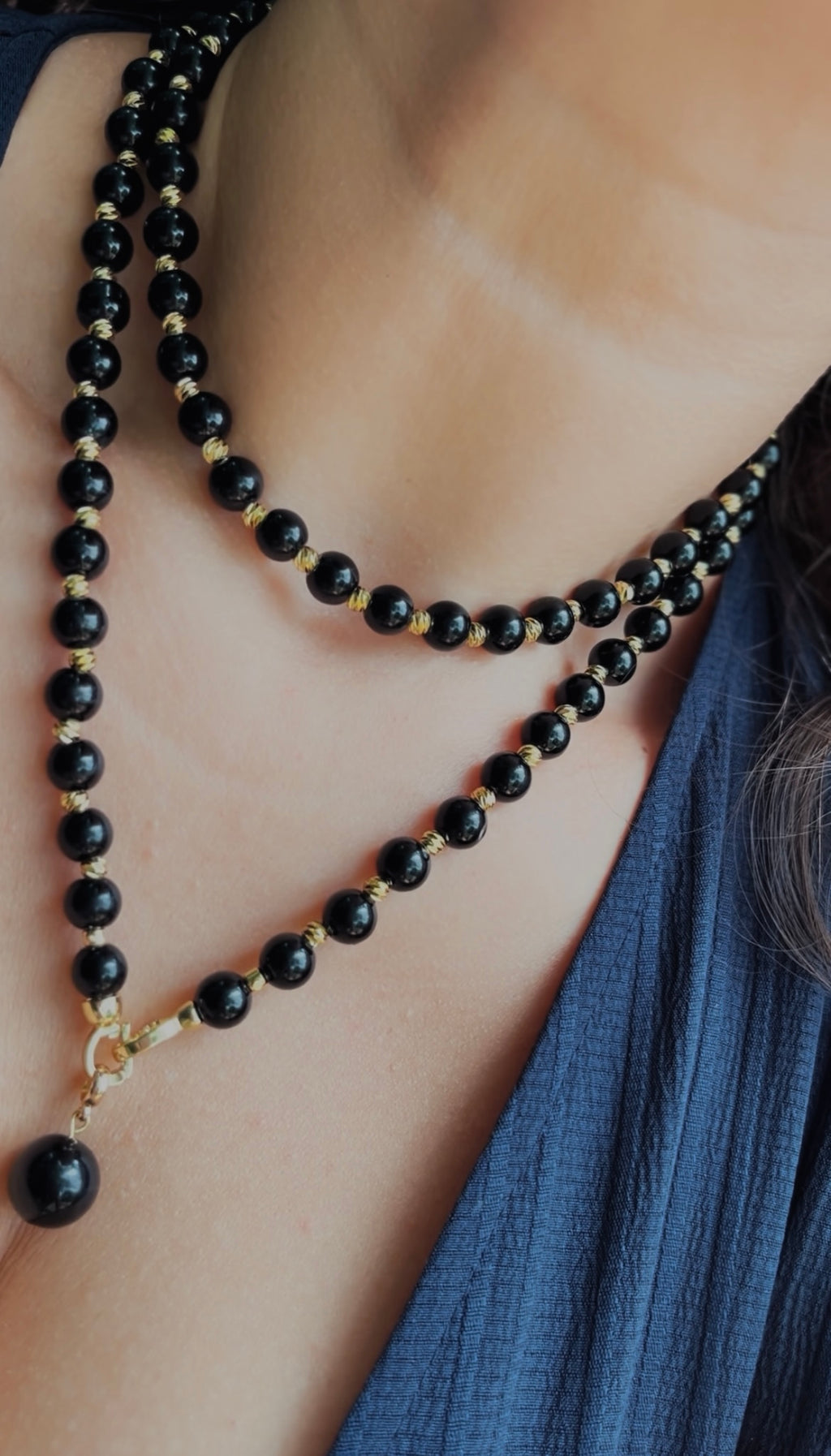 Set: Black Onyx Necklace and Earrings Set: 18K Gold Plated