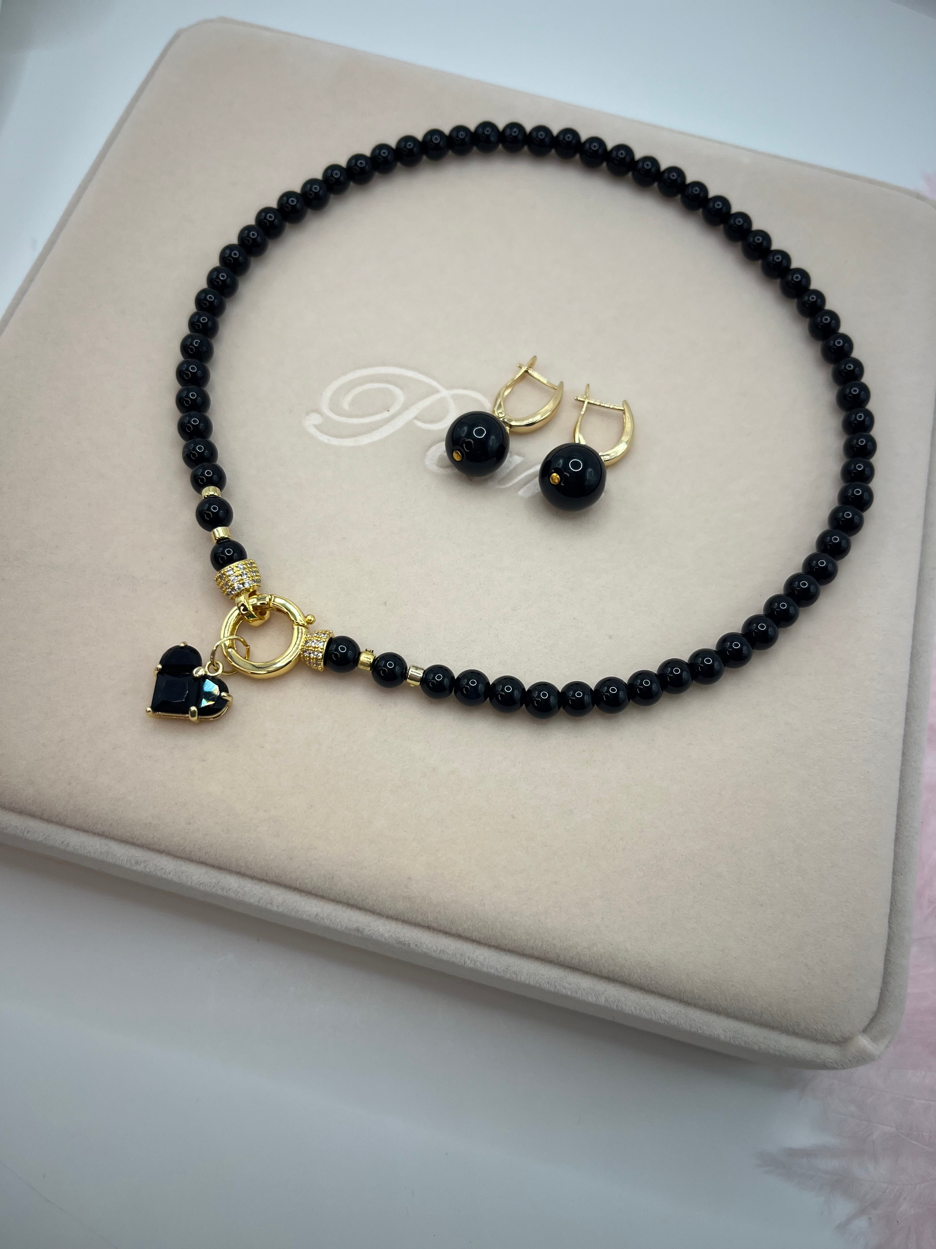 Black Onyx Necklace and Earrings Set – 18K Gold Plated Heart Charm