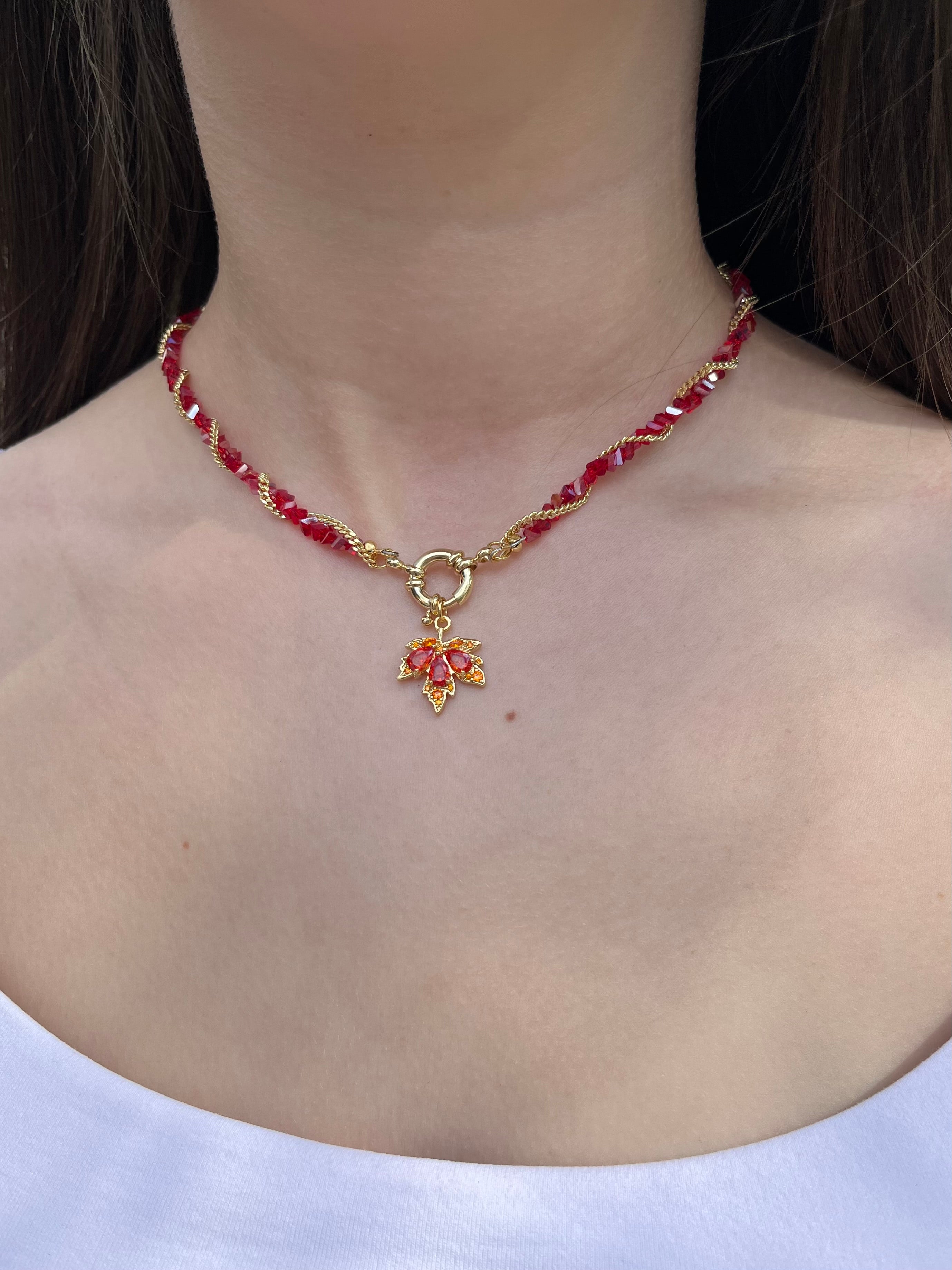Crystal Red Necklace: 18K Gold Pendant Maple Leaf