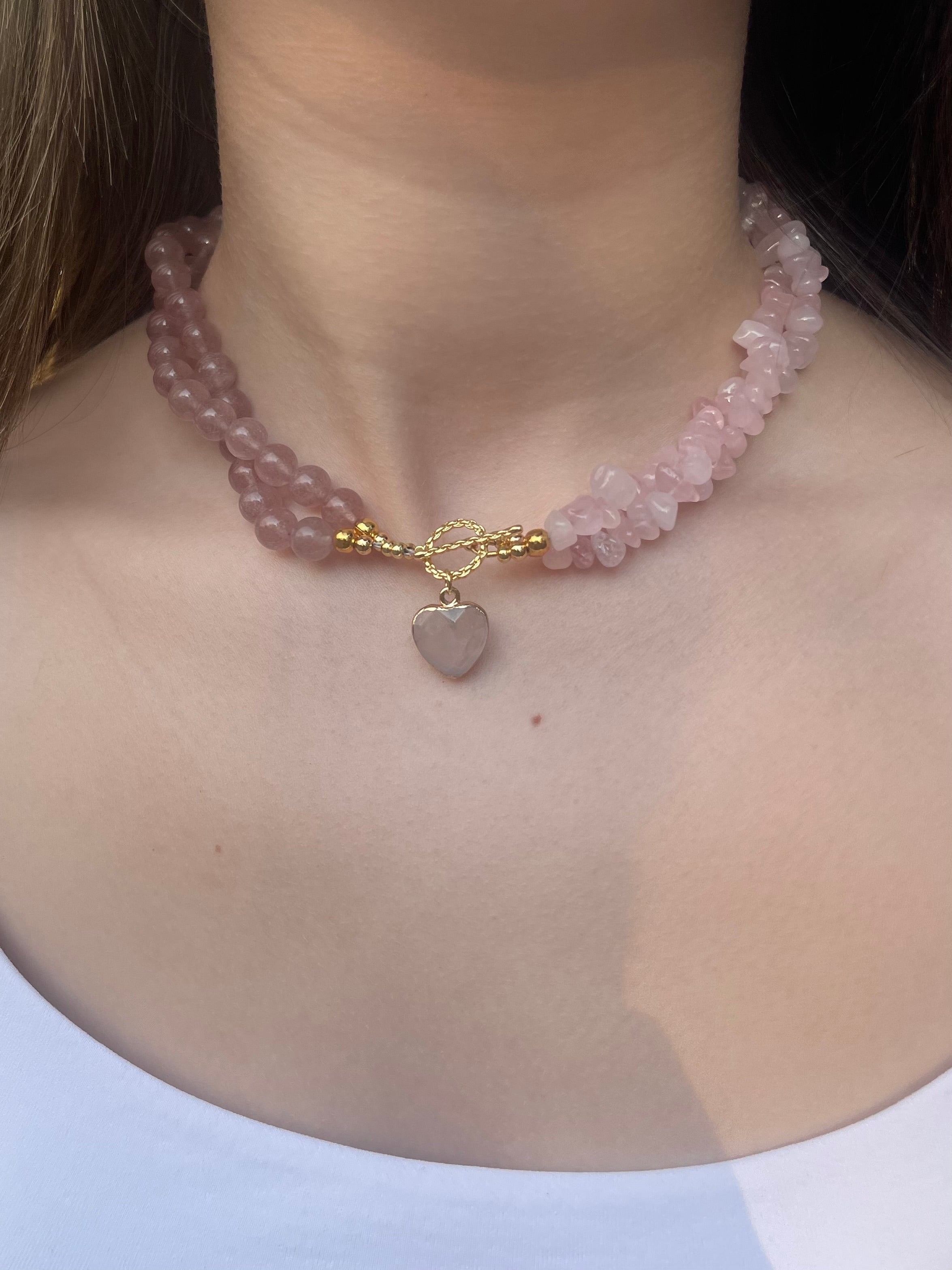 Asymmetrical Layered Strawberry Quartz Necklace with heart pendant: 18K Gold Plated Pendant