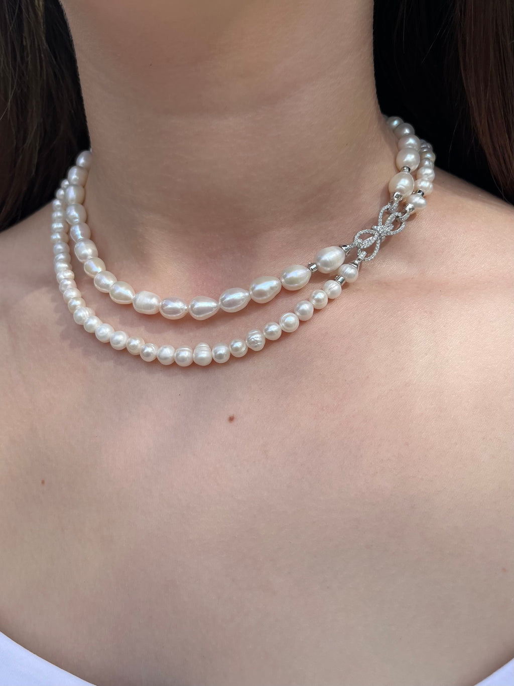 Layered Natural Pearl Necklace with 925 Sterling Silver Bowknot Clasp, Gift Box