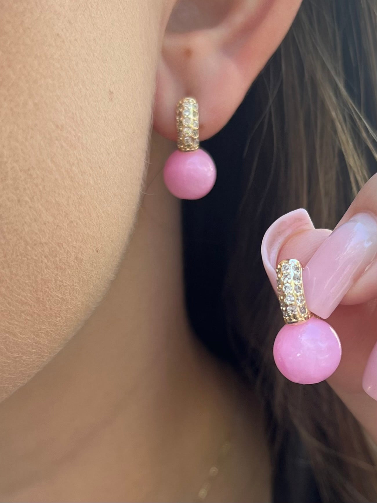 Natural pink Jade Gold Zirconia Earrings