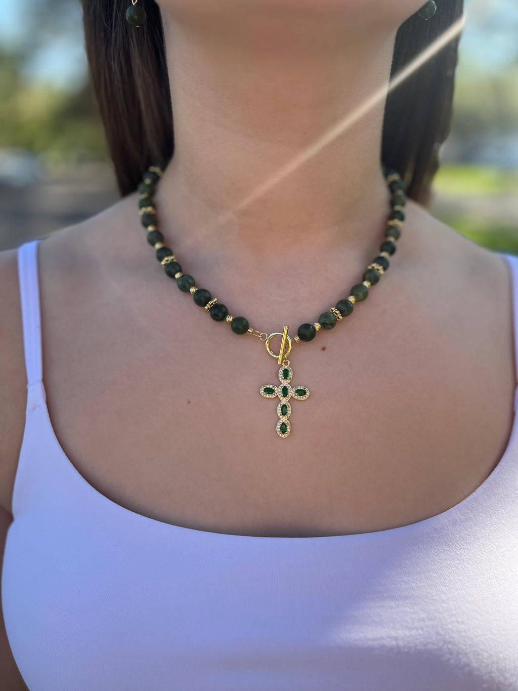 Set: Natural Taiwan Jade Necklace with Zirconia Cross 18K Gold plated