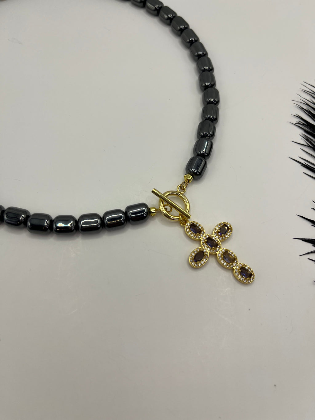 Hematite Choker Necklace with Cross pendant: 18K Gold Plated