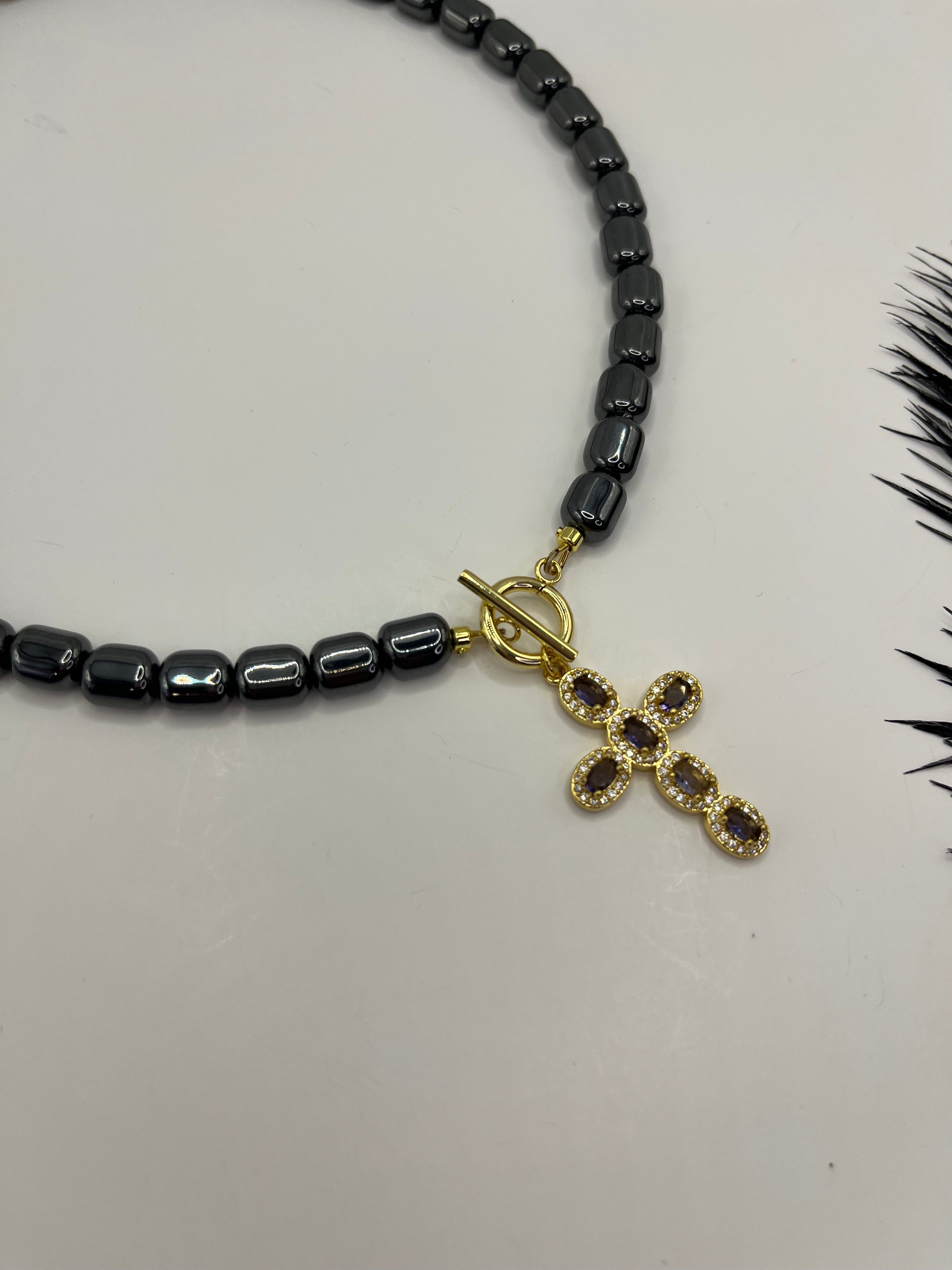 Hematite Choker Necklace with Cross pendant: 18K Gold Plated