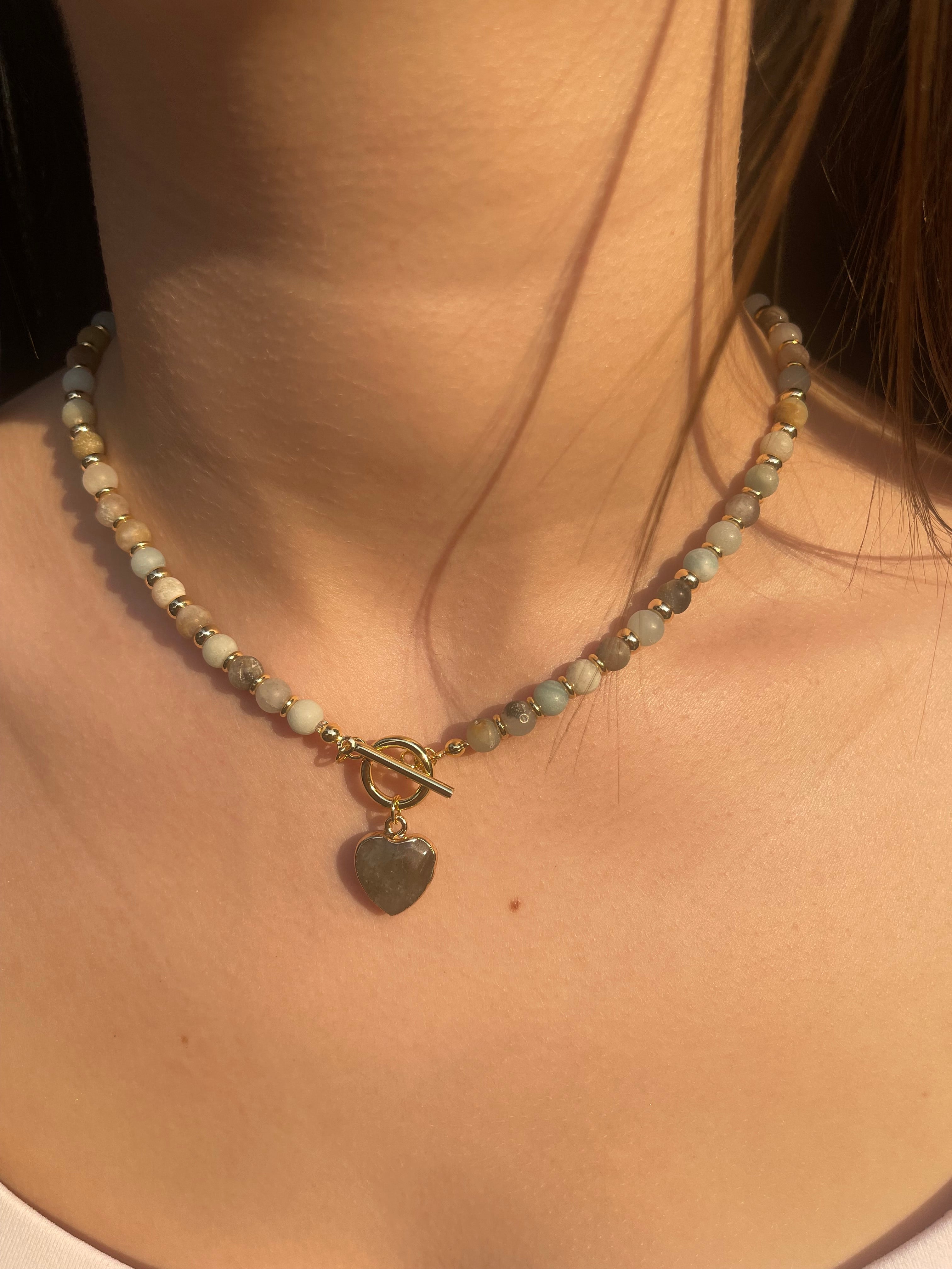 Natural Amazonite Heart Necklace, 18k gold plated clasp