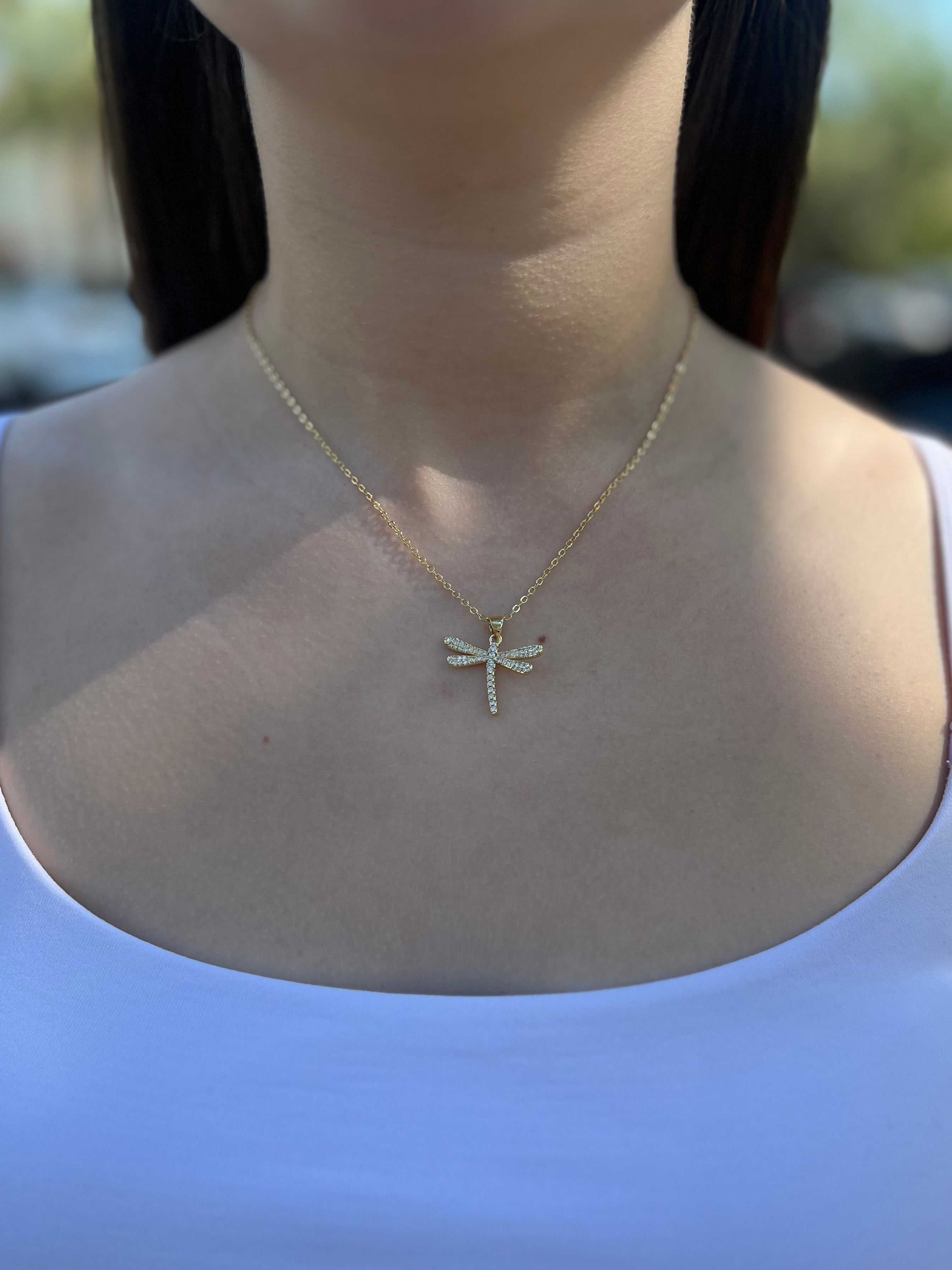 Dragonfly Necklace, pendant  Real 18K Gold Plated