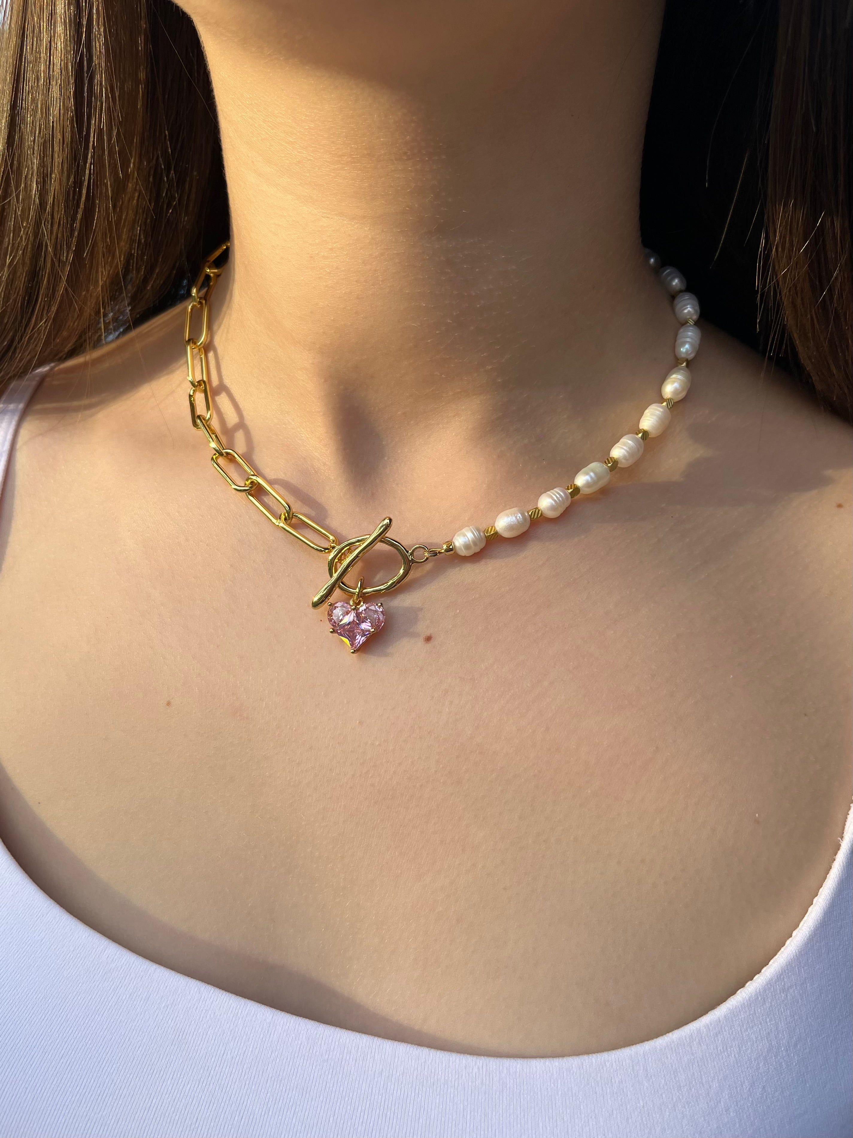 Asymmetrical Pearl Choker Necklace with earrings : 18K Gold Plated