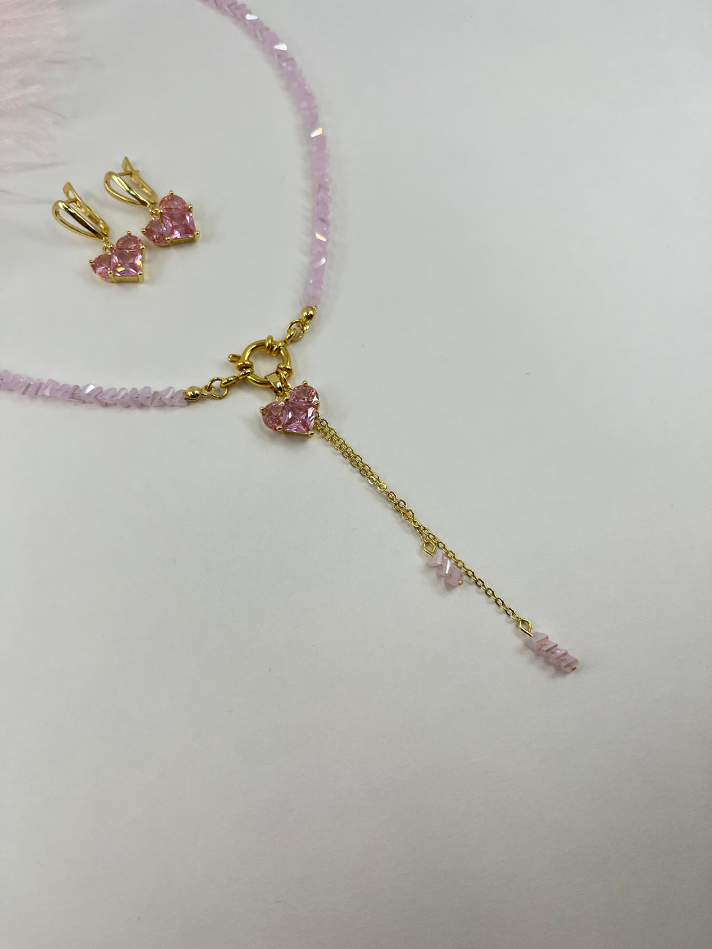 Set: Heart Pink Crystal Y-Necklace and Earrings – 18K Gold Plated, Cubic Zirconia