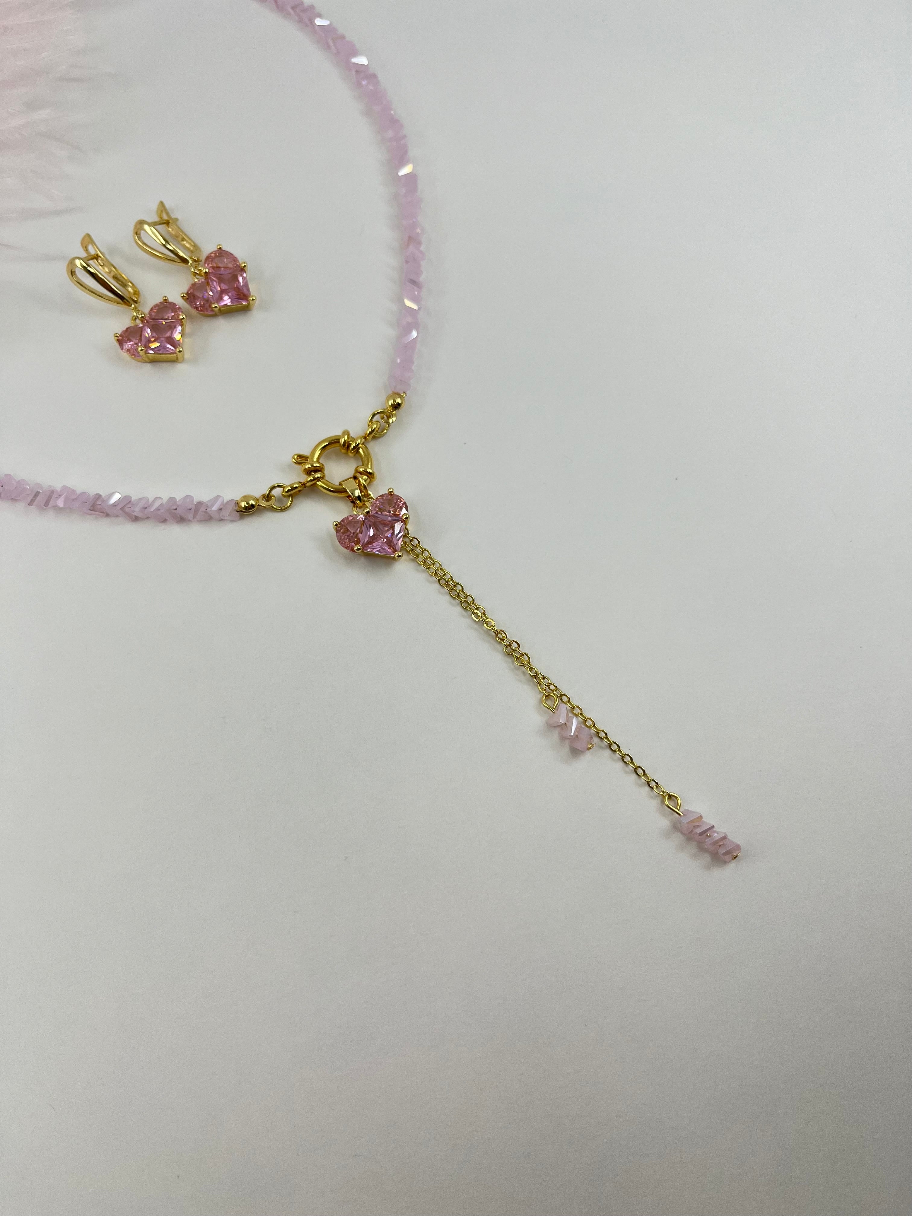Set: Heart Pink Crystal Y-Necklace and Earrings – 18K Gold Plated, Cubic Zirconia