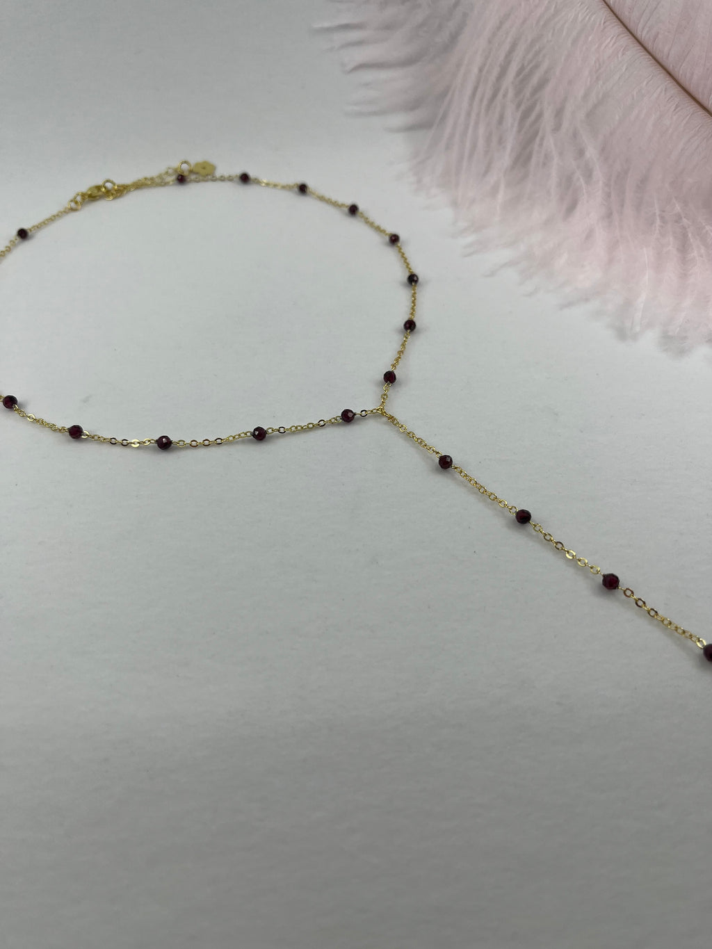 Lariat Garnet necklace , 18K gold plated