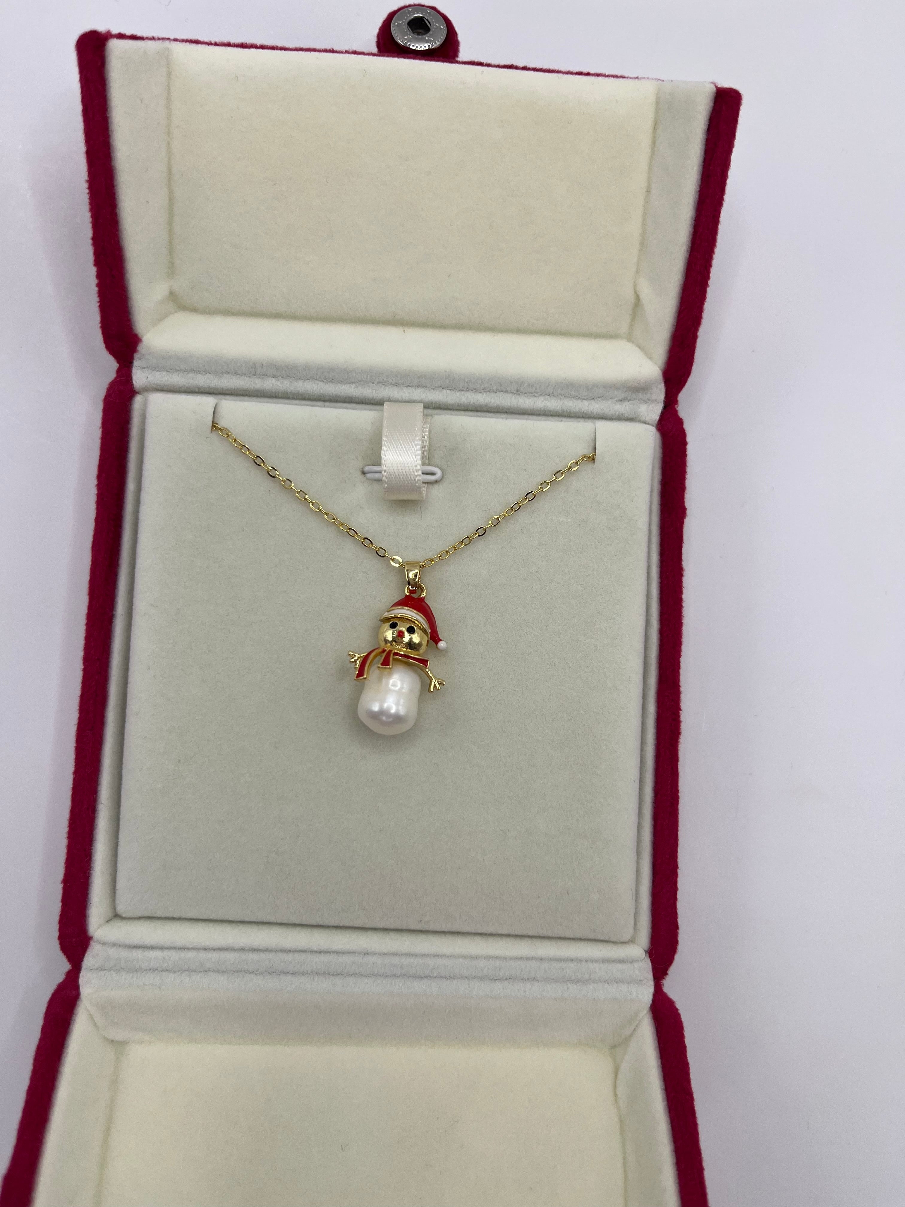 Natural freshwater Pearl Snowman Necklace: 18K Gold Plated Christmas Pendant
, including velvet box