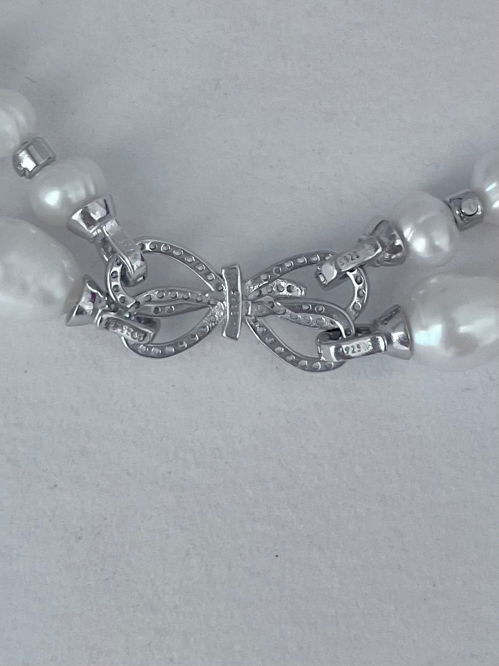 Layered Natural Pearl Necklace with 925 Sterling Silver Bowknot Clasp, Gift Box