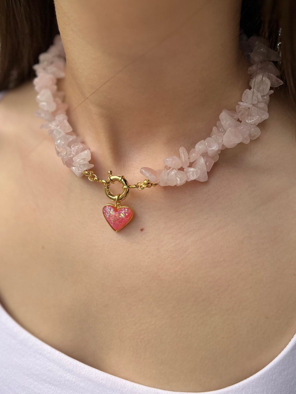 Natural Quartz Necklace with 18k gold Heart pendant