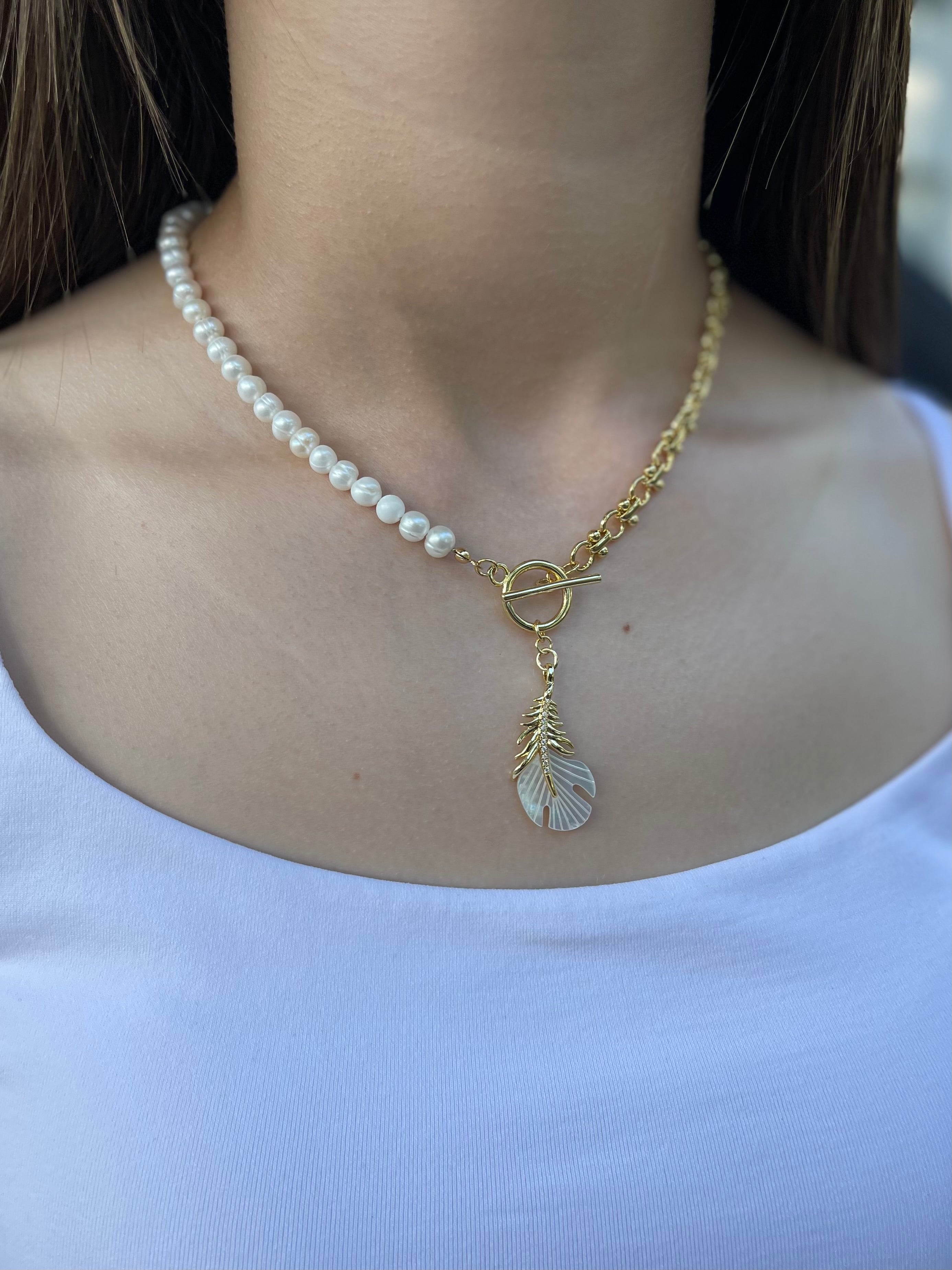 Asymmetrical Pearl Necklace with Feather Pendant, 18K Gold Plated Chain