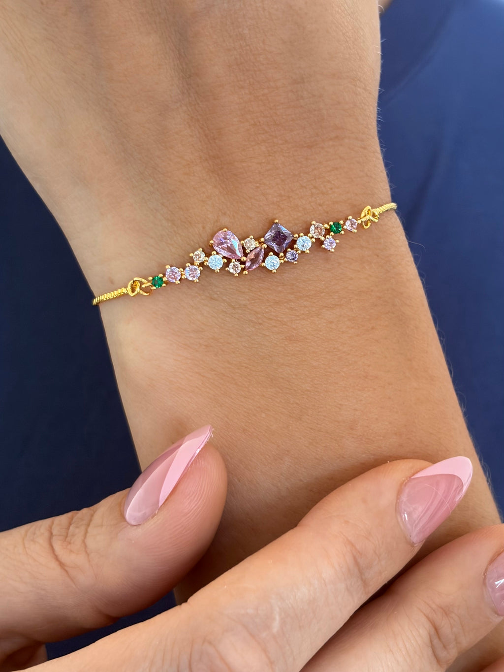 Colorful zirconia bracelet with slider chain