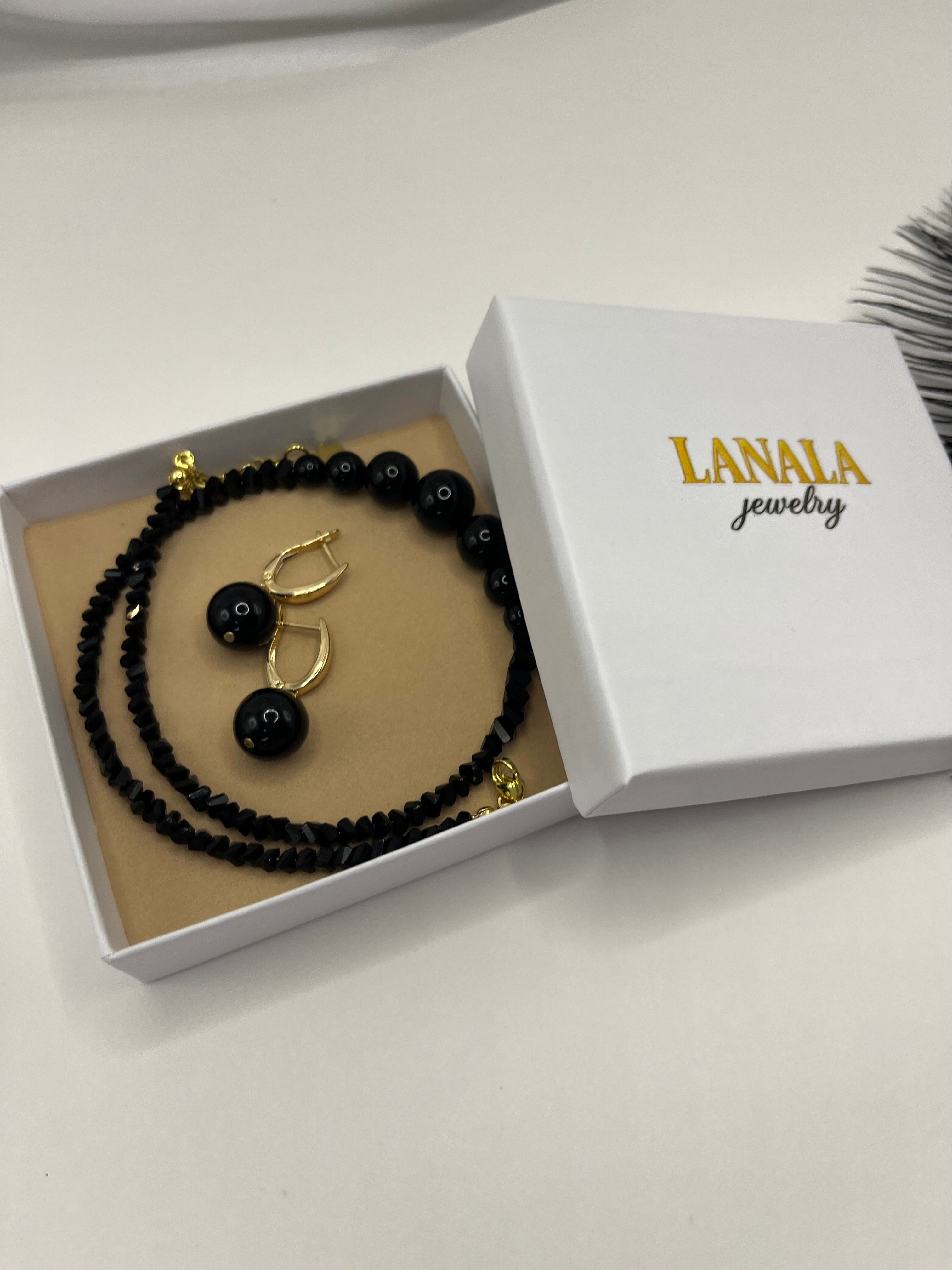 Set: Black Crystal Choker Necklace with onyx and Earrings