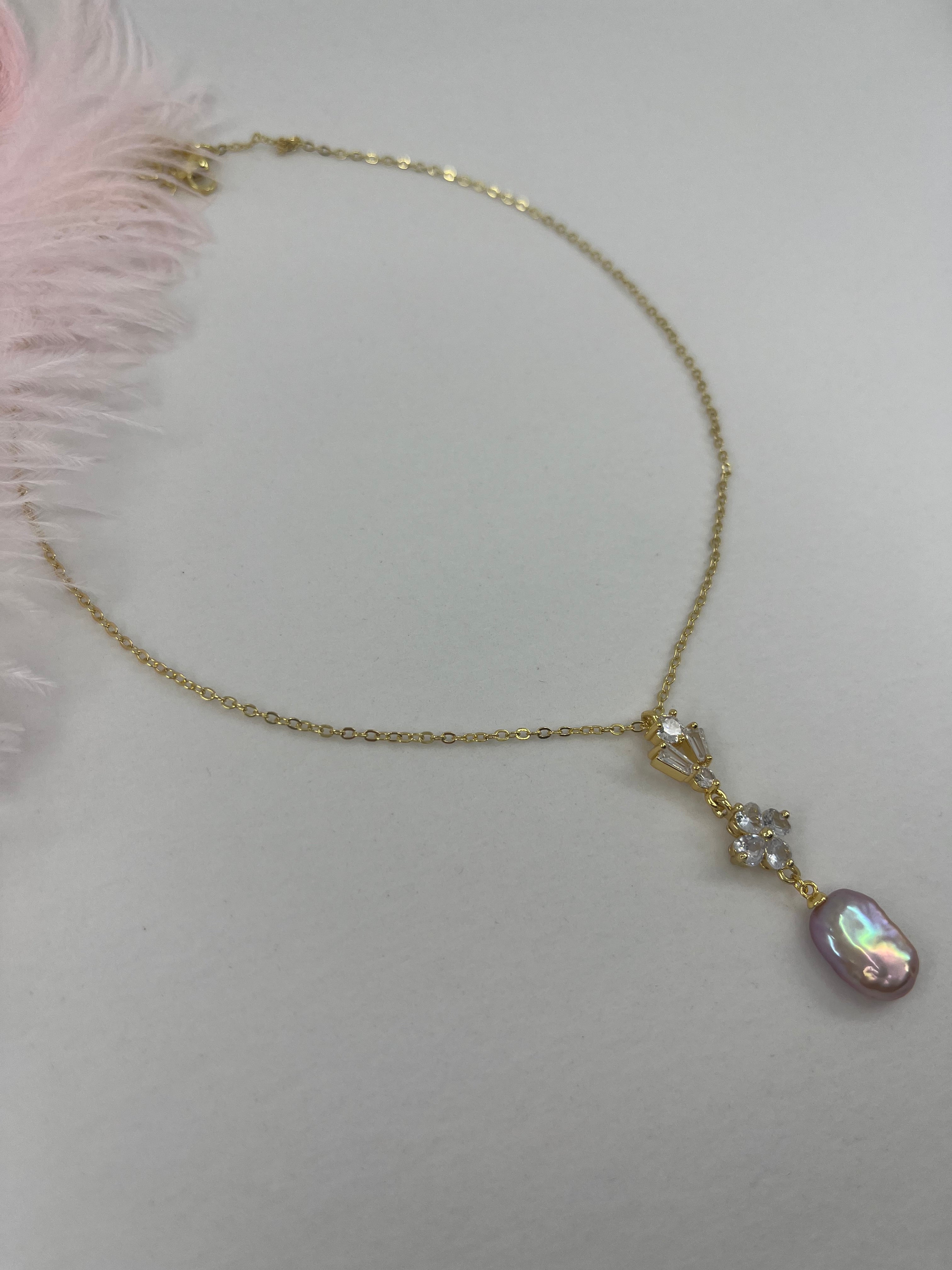 Baroque Pearl and zirconia Y-Necklace, 18k gold plated