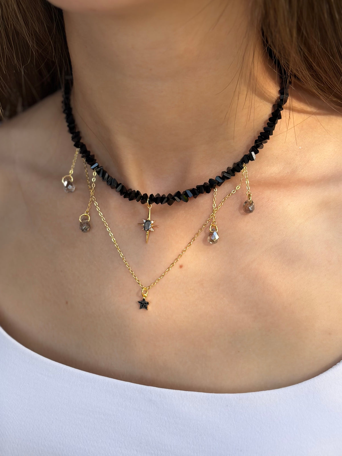 Black Crystal Star Necklace, 18K Gold Plated
