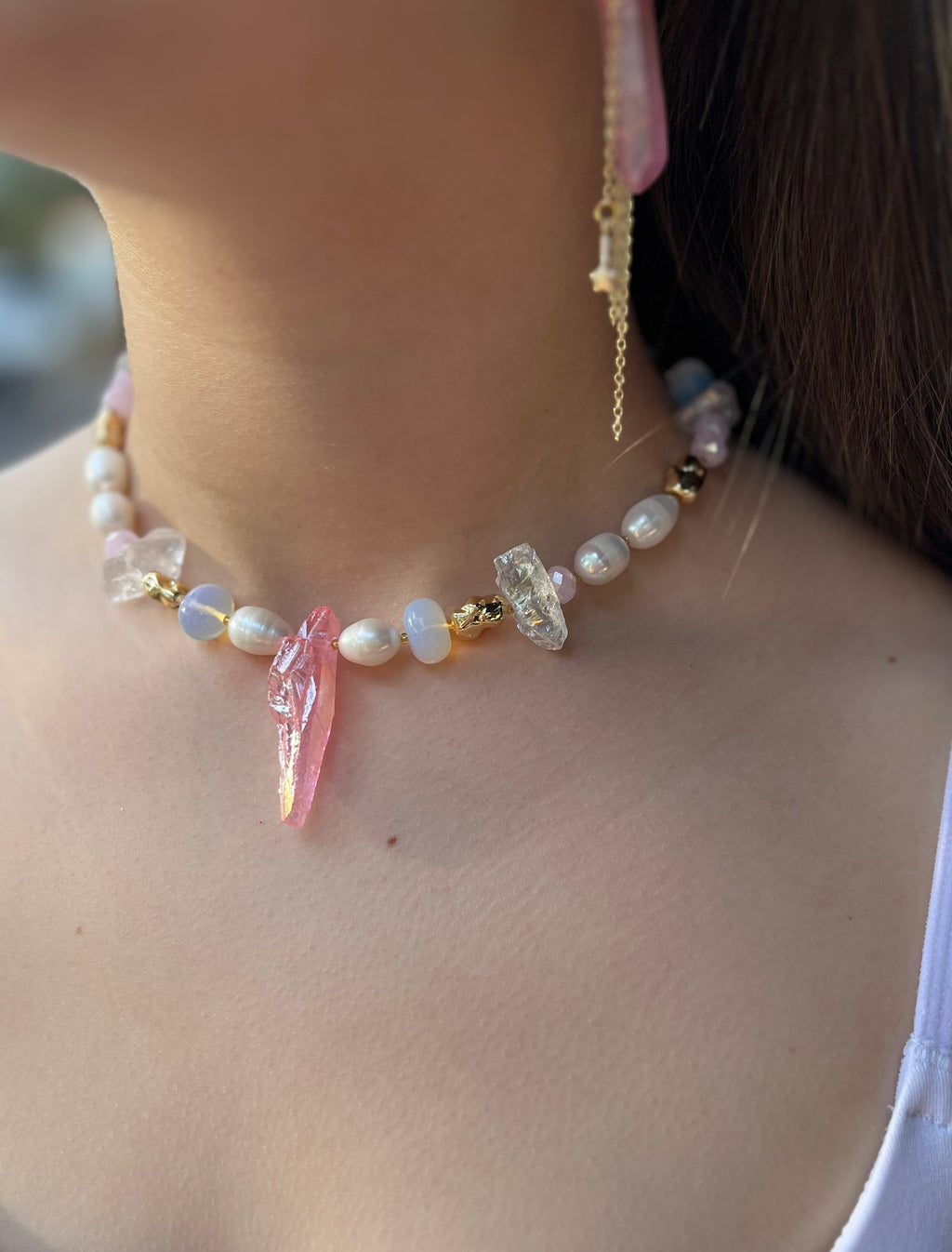 Set: Rose Quartz and Pearls Necklace and Earrings