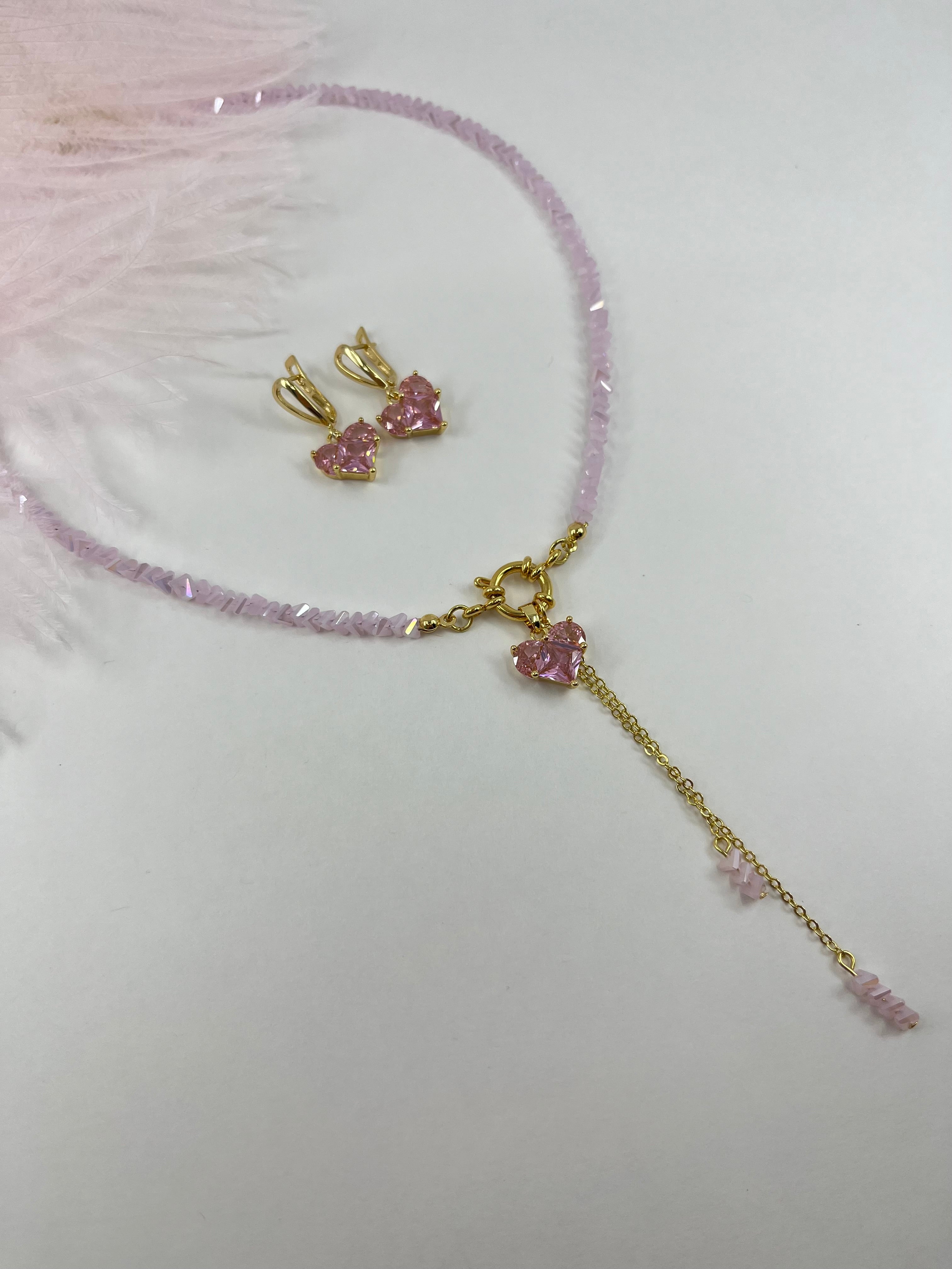Set: Heart Pink Crystal Y-Necklace and Earrings – 18K Gold Plated, Cubic Zirconia