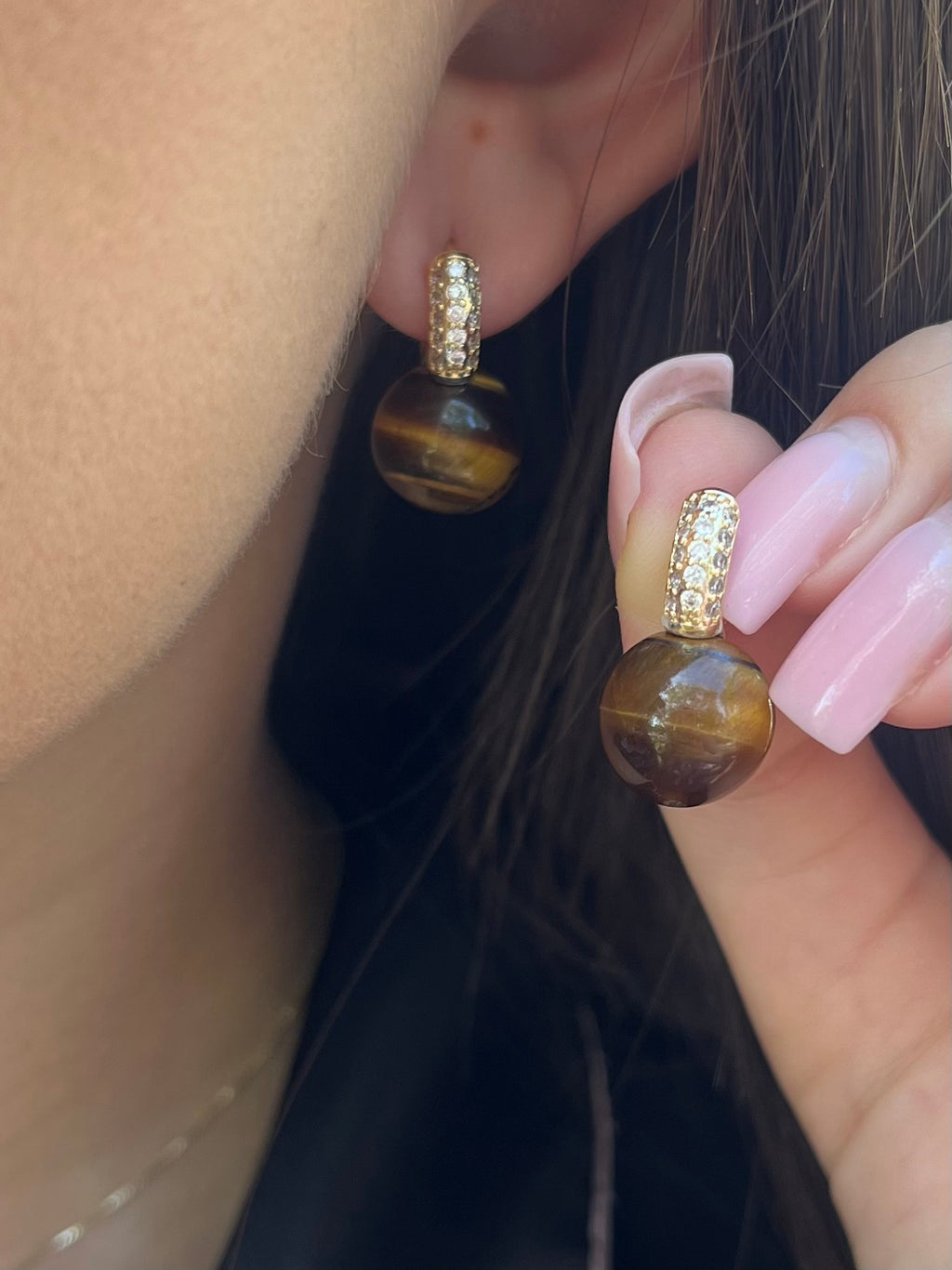 Natural Tiger eye Gold Zirconia Earrings
