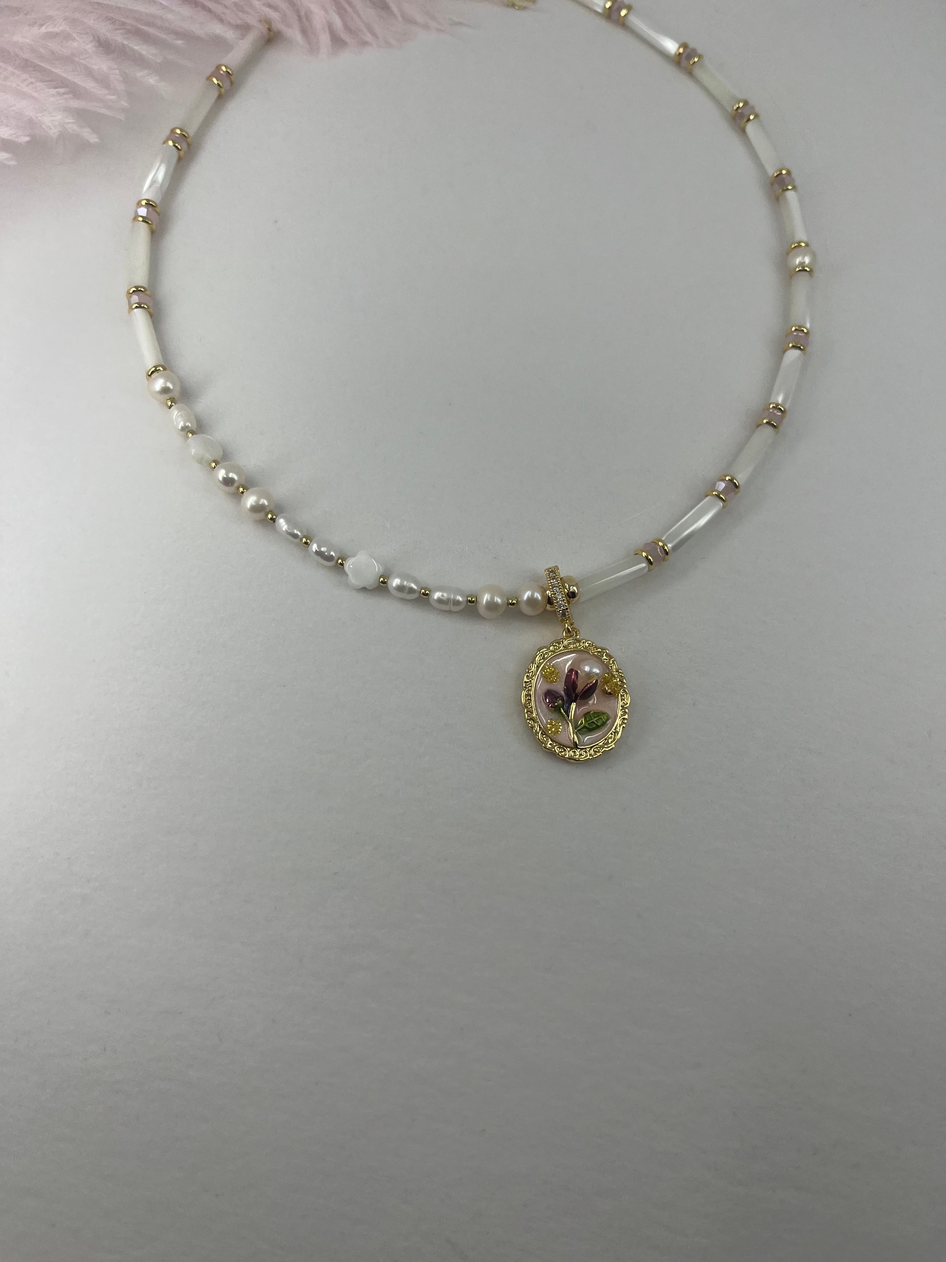 Natural Pearl and Trochus Shell Pendant Necklace, 18K Gold-Plated