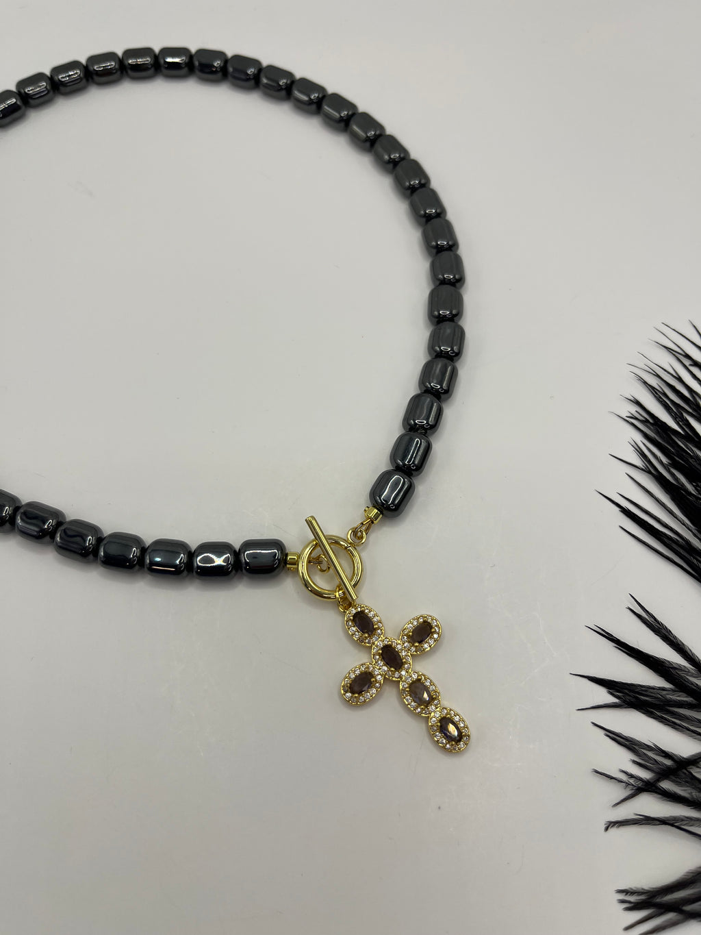 Hematite Choker Necklace with Cross pendant: 18K Gold Plated
