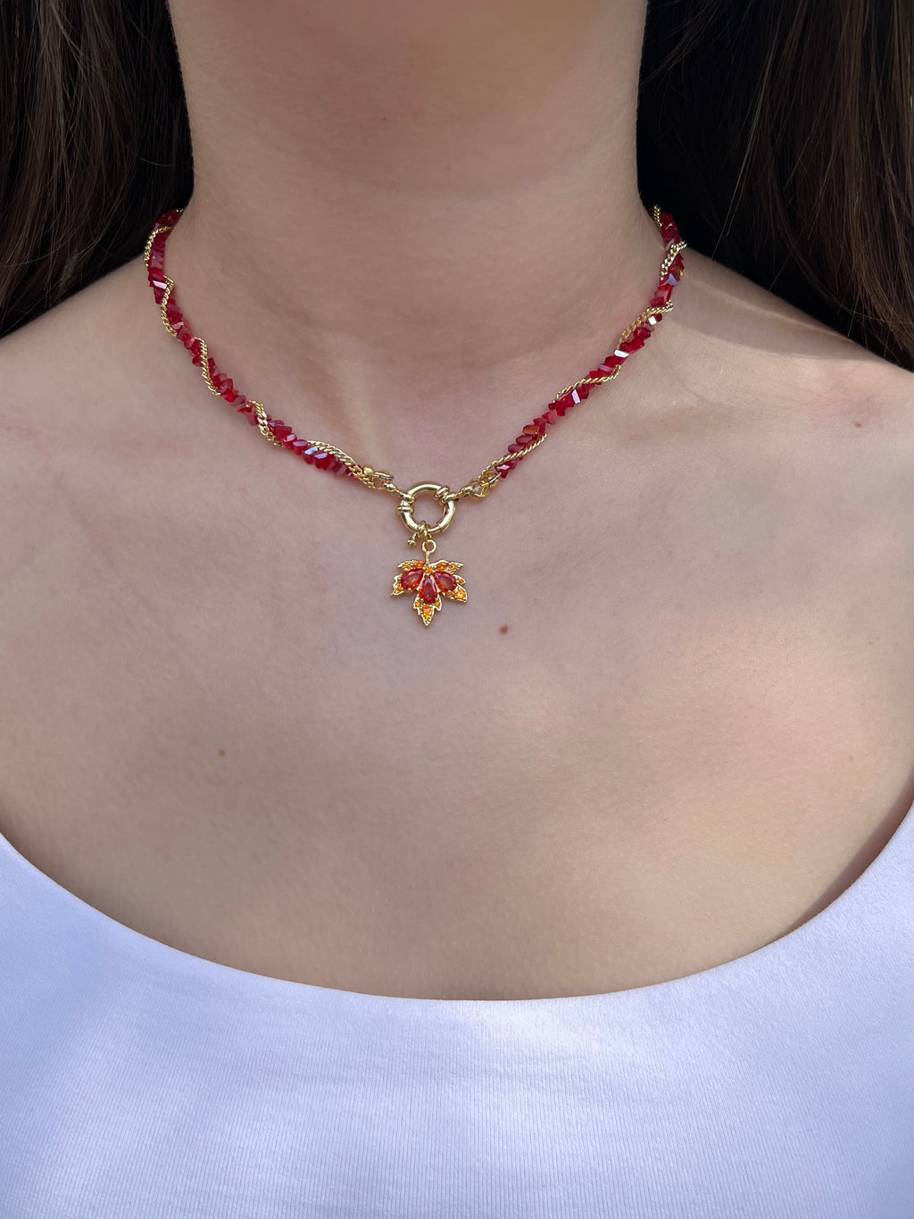 Crystal Red Necklace: 18K Gold Pendant Maple Leaf