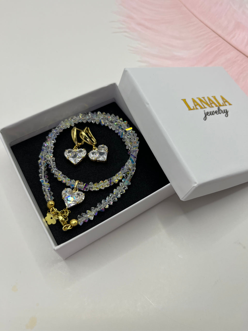 Set: Heart Crystal Choker Necklace and Earrings – 18K Gold Plated, Cubic Zirconia, Nickel Free