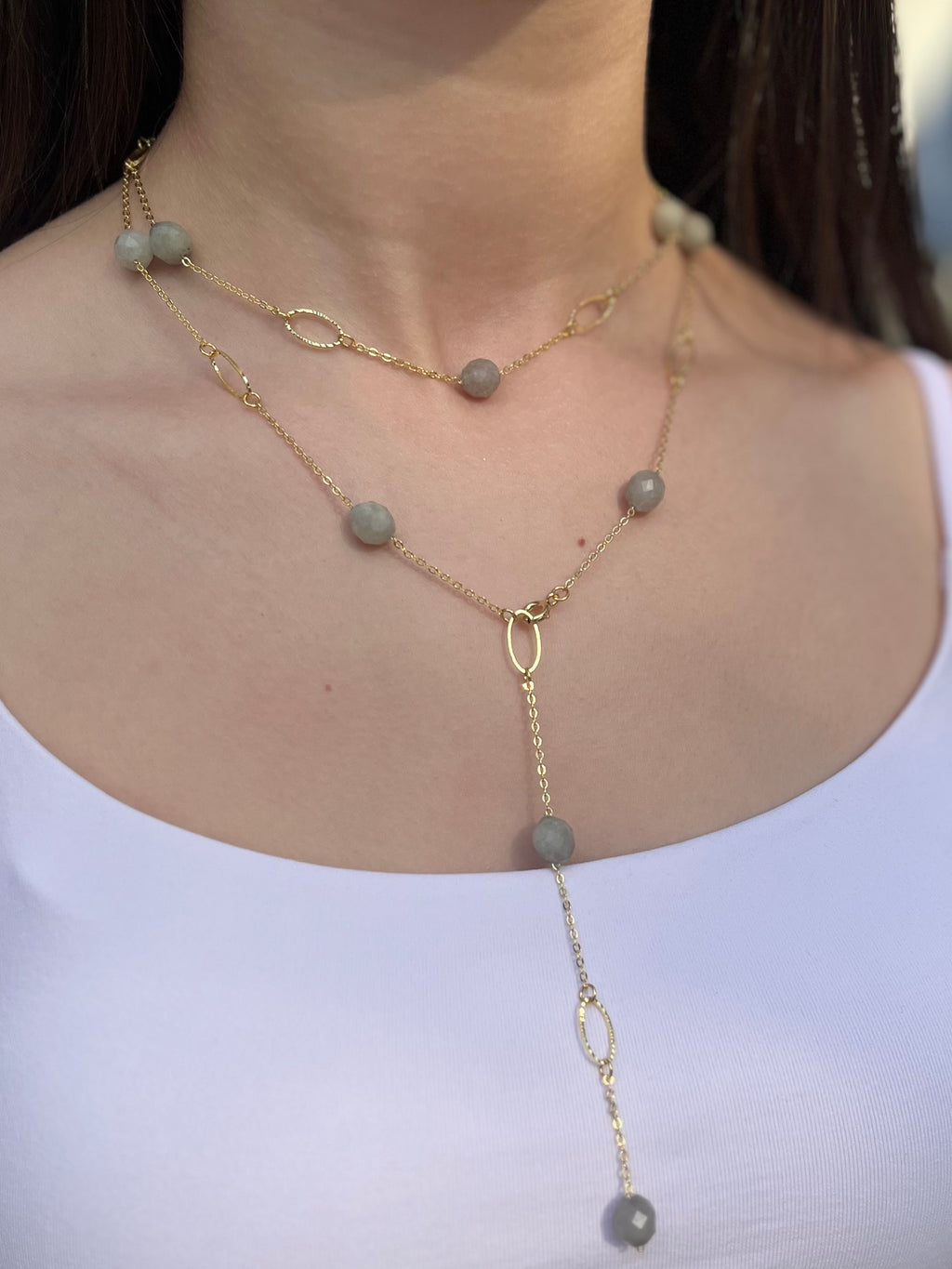 Layered Long Natural Malaysia Jade Necklace with 18K Gold chain