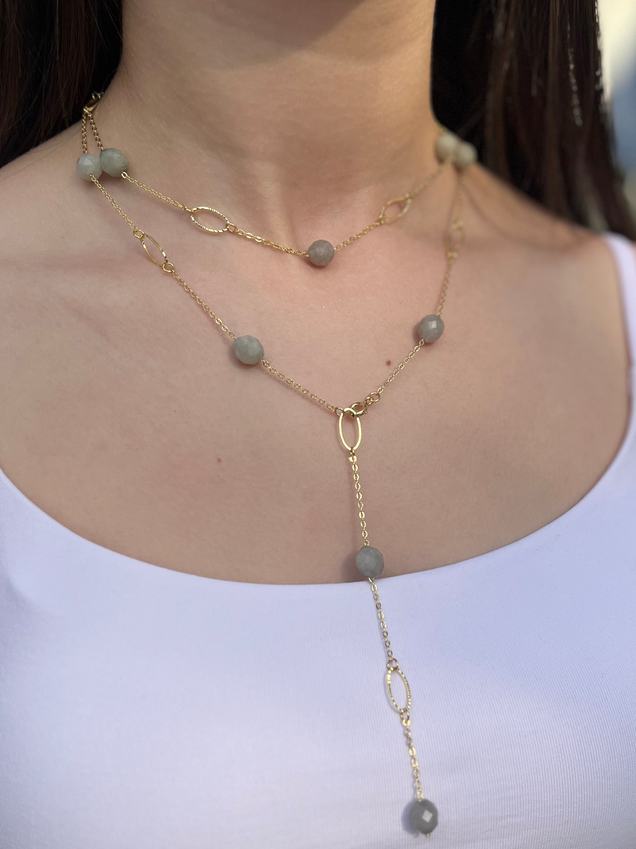 Layered Long Natural Malaysia Jade Necklace with 18K Gold chain