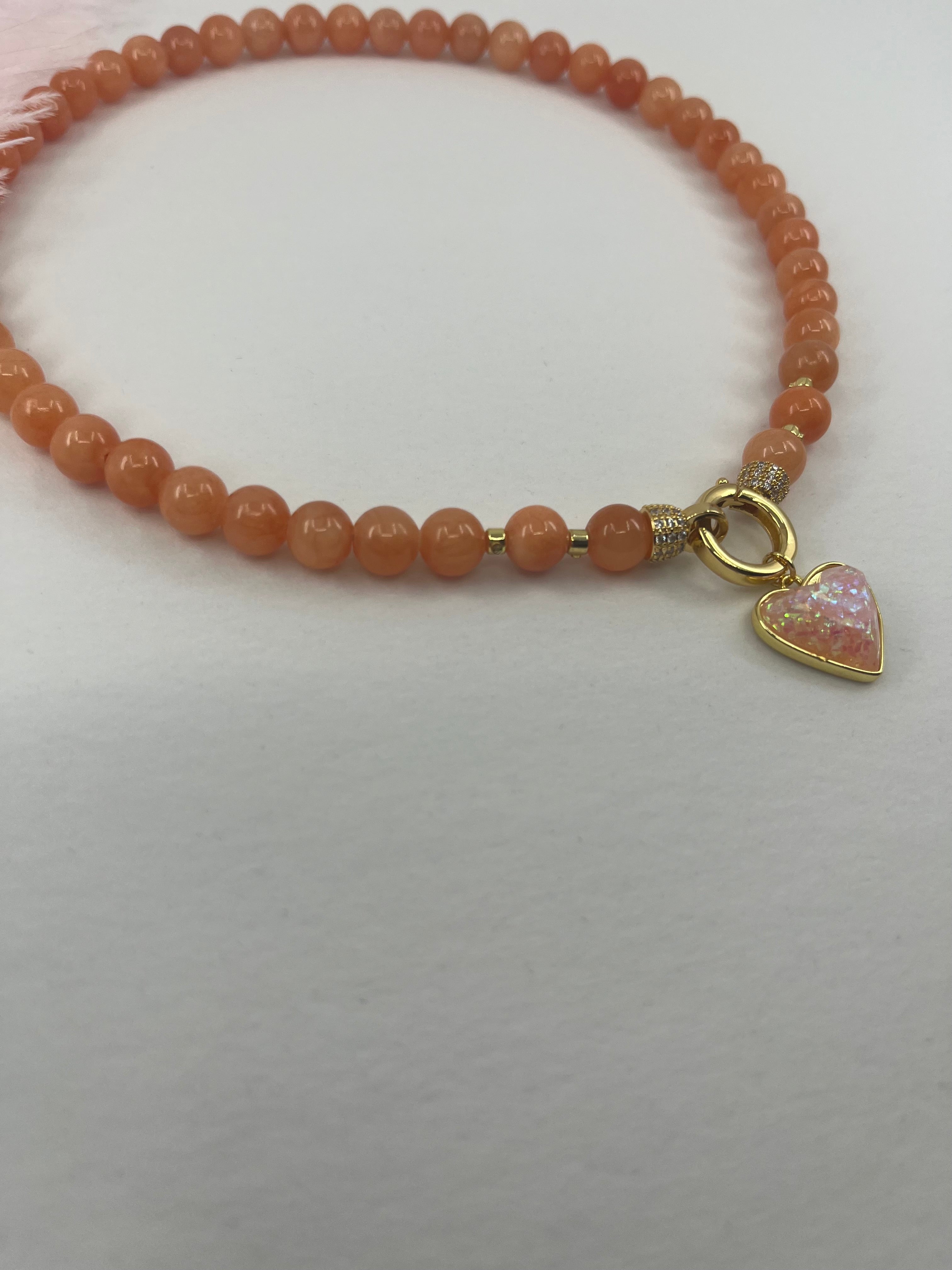 Natural Coral Jade Necklace with Heart Pendant