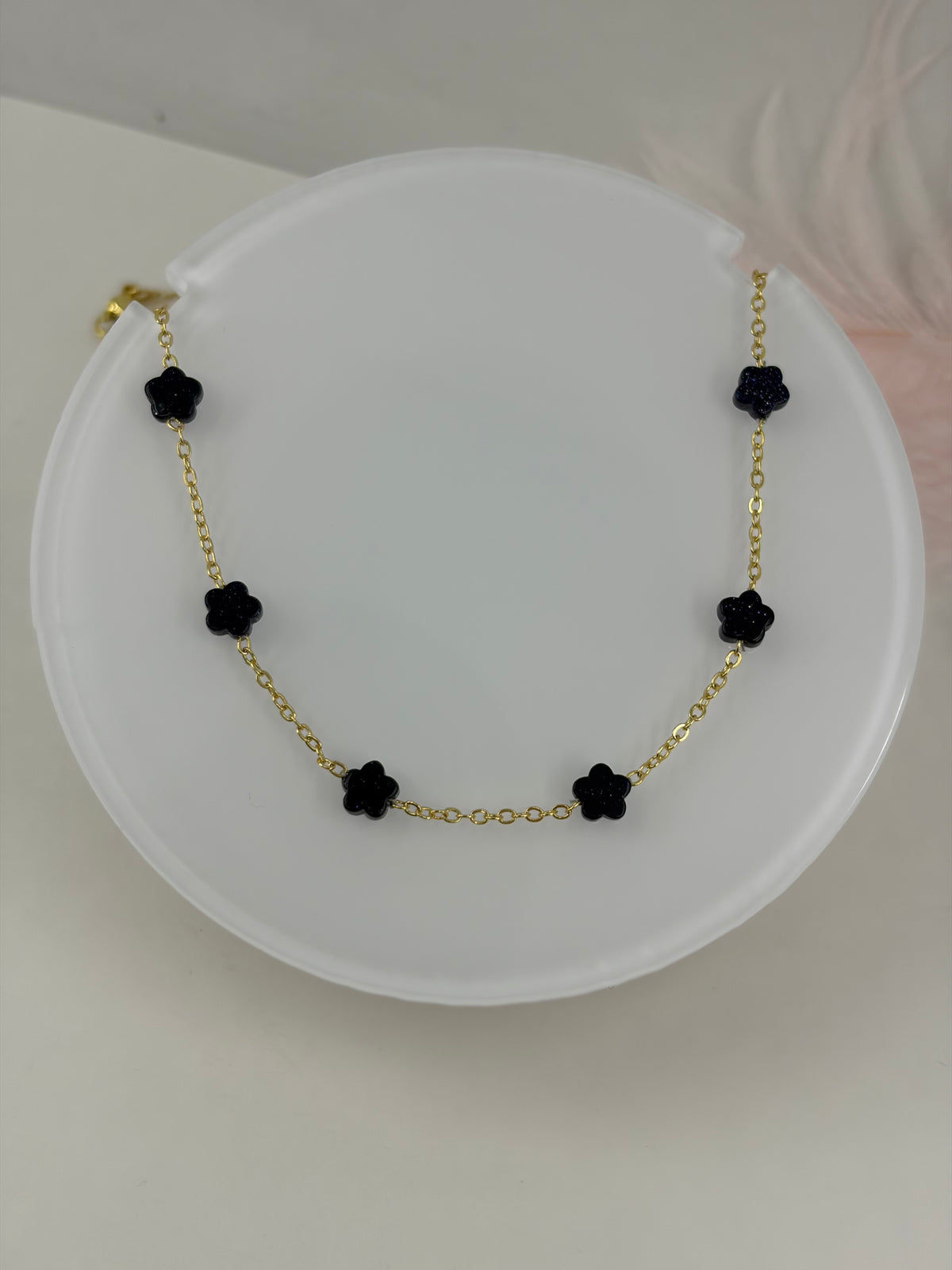 Black Blue Goldstone Flower Necklace: 18K Gold Plated