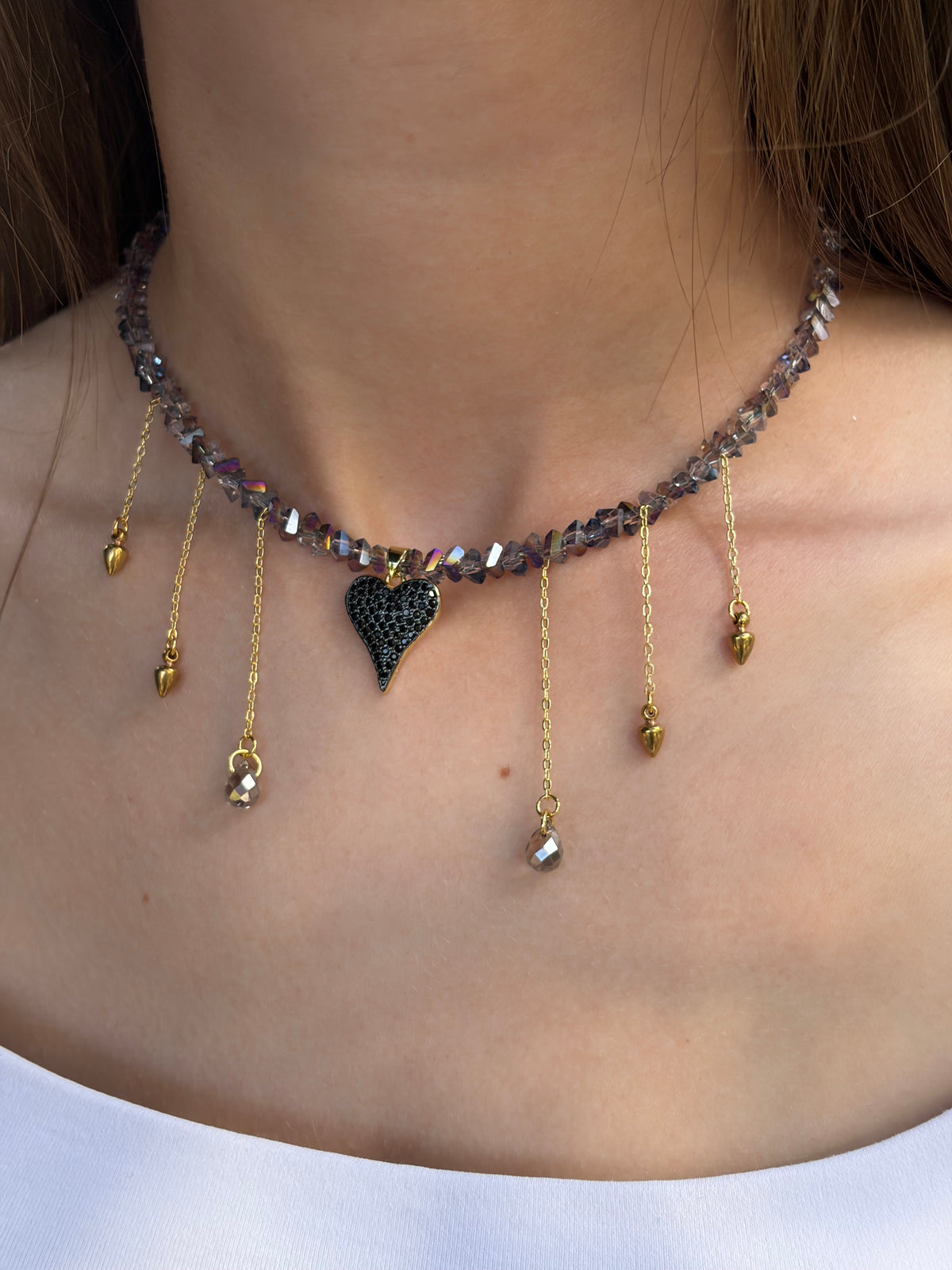Black Crystal Heart Necklace, 18K Gold Plated
