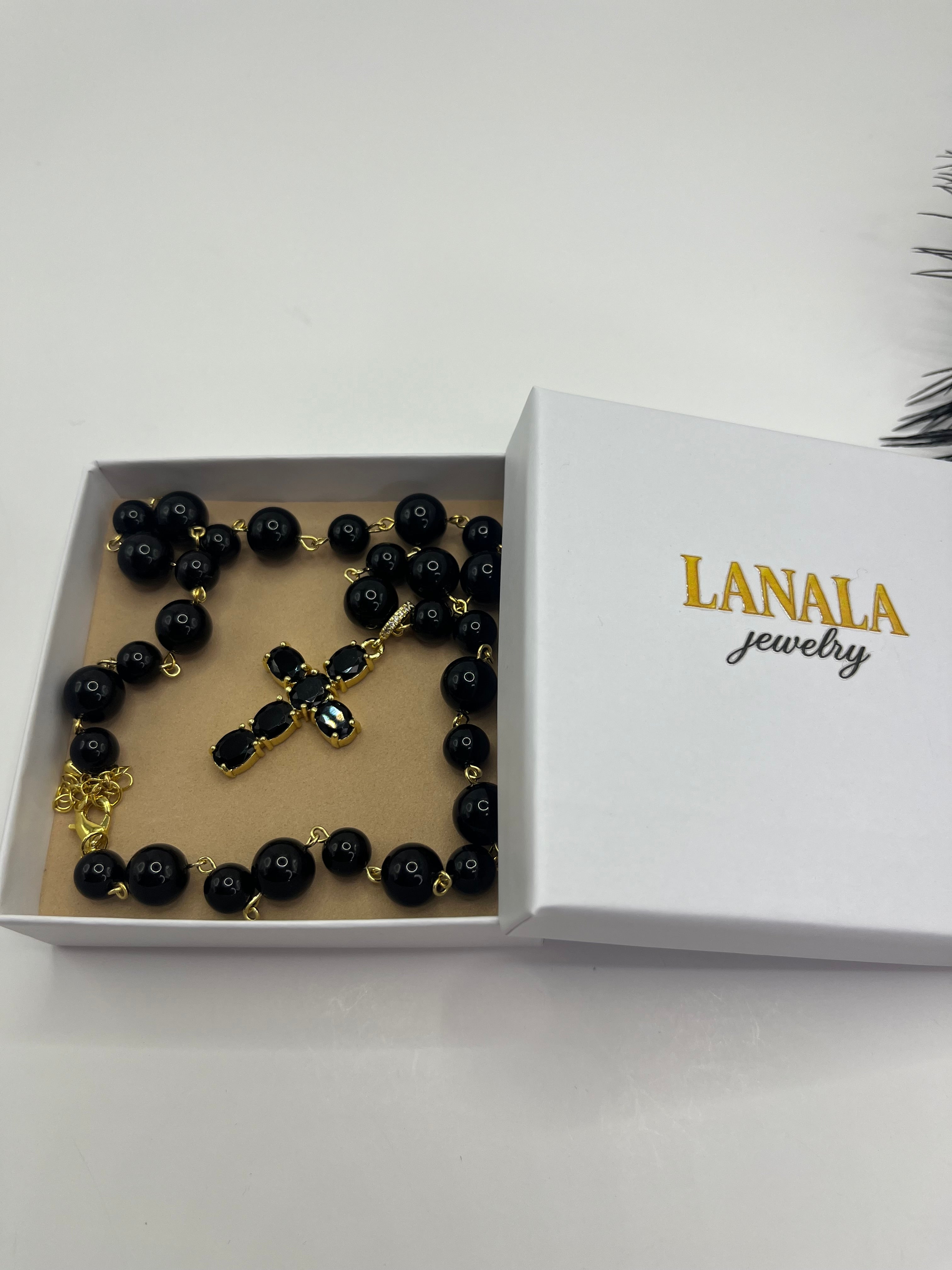 Black Onyx Necklace– 18K Gold Plated Zirconia Cross
