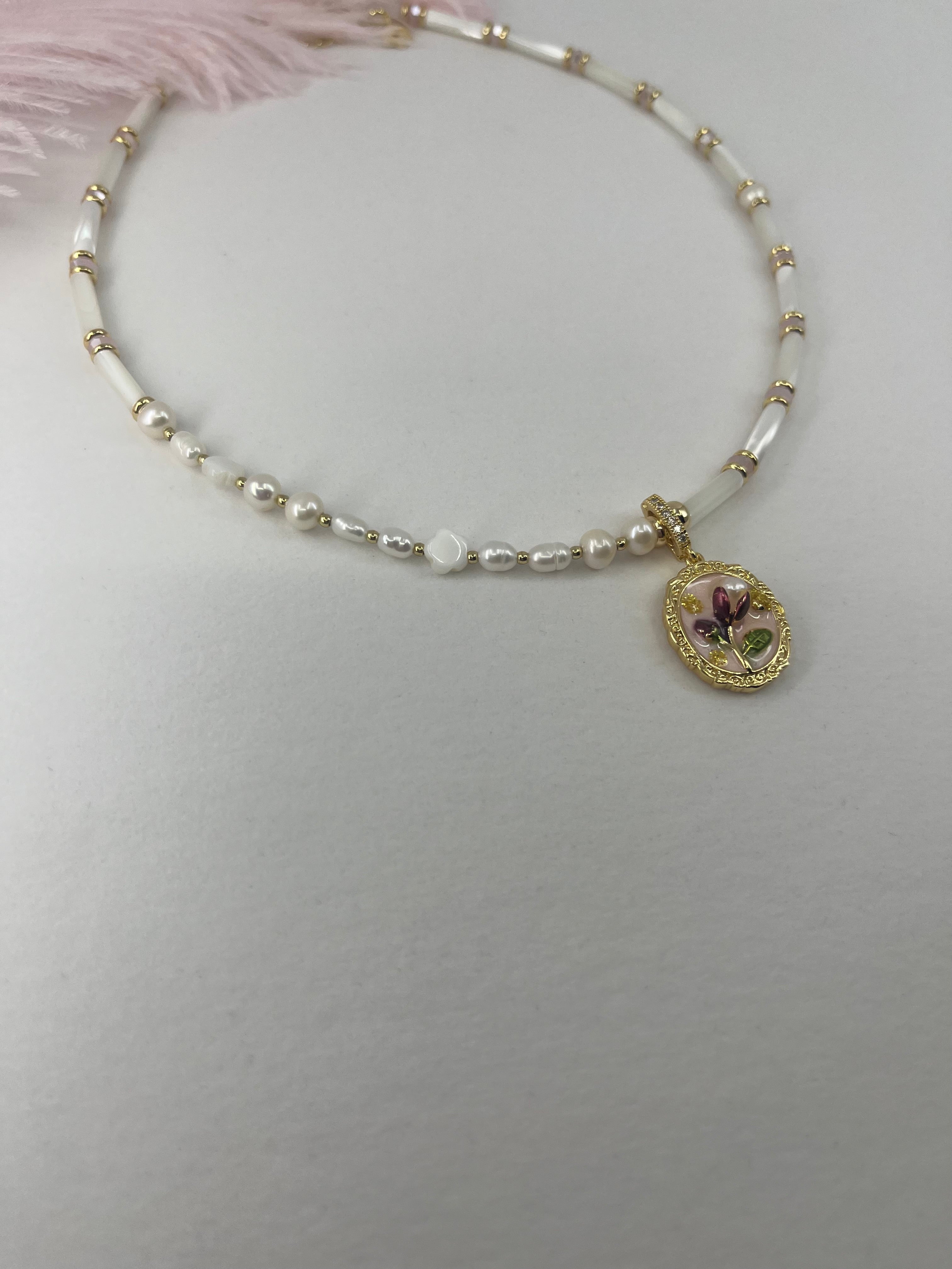 Natural Pearl and Trochus Shell Pendant Necklace, 18K Gold-Plated