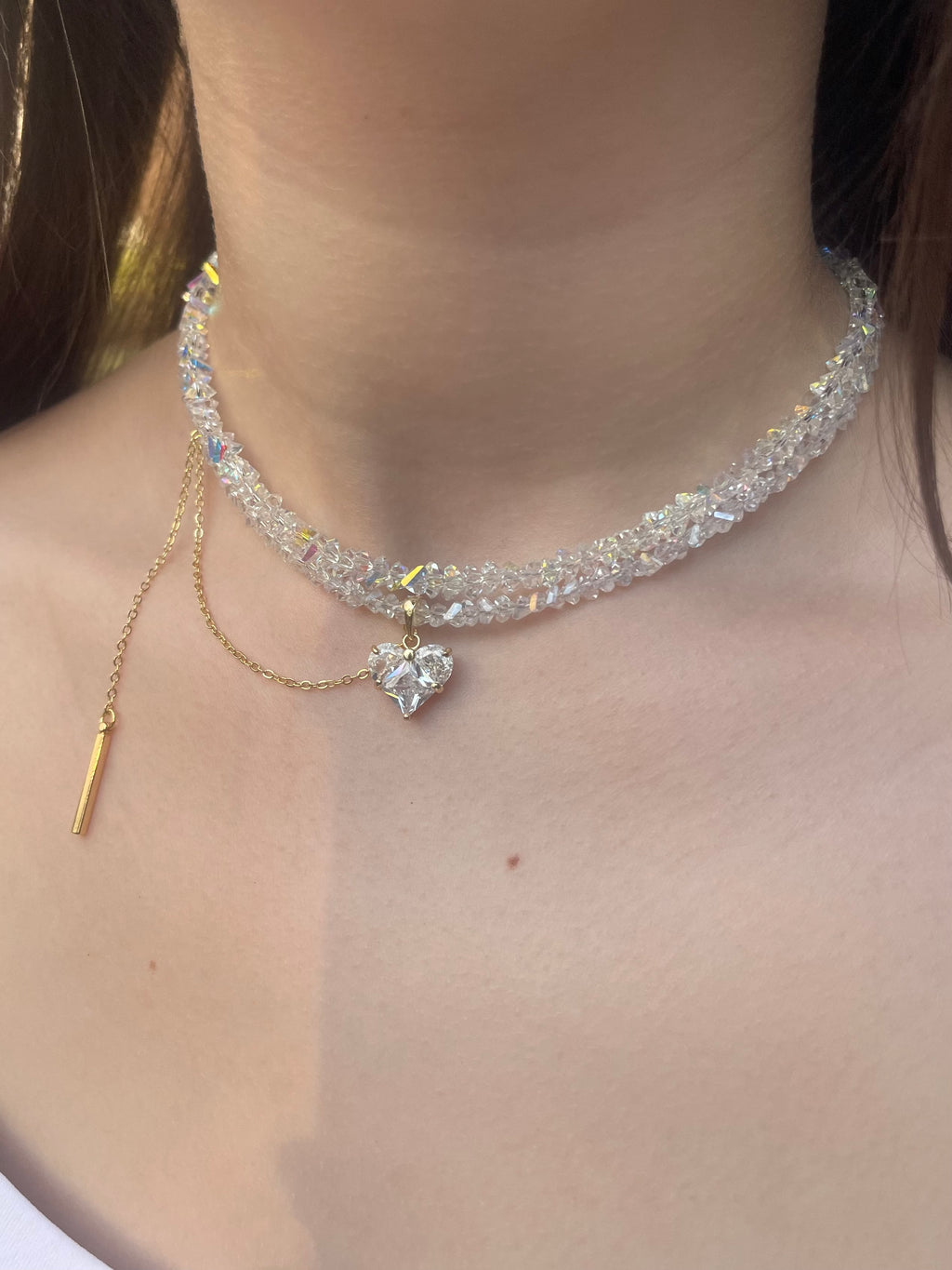 Set: Heart Crystal Choker Necklace and Earrings – 18K Gold Plated, Cubic Zirconia, Nickel Free