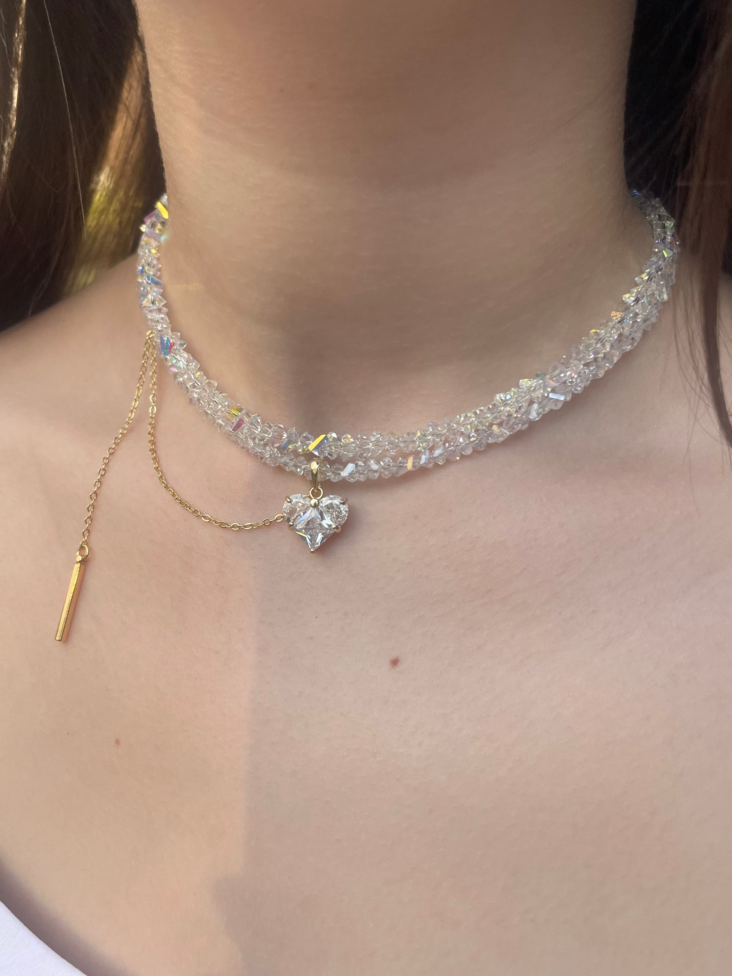 Set: Heart Crystal Choker Necklace and Earrings – 18K Gold Plated, Cubic Zirconia, Nickel Free
